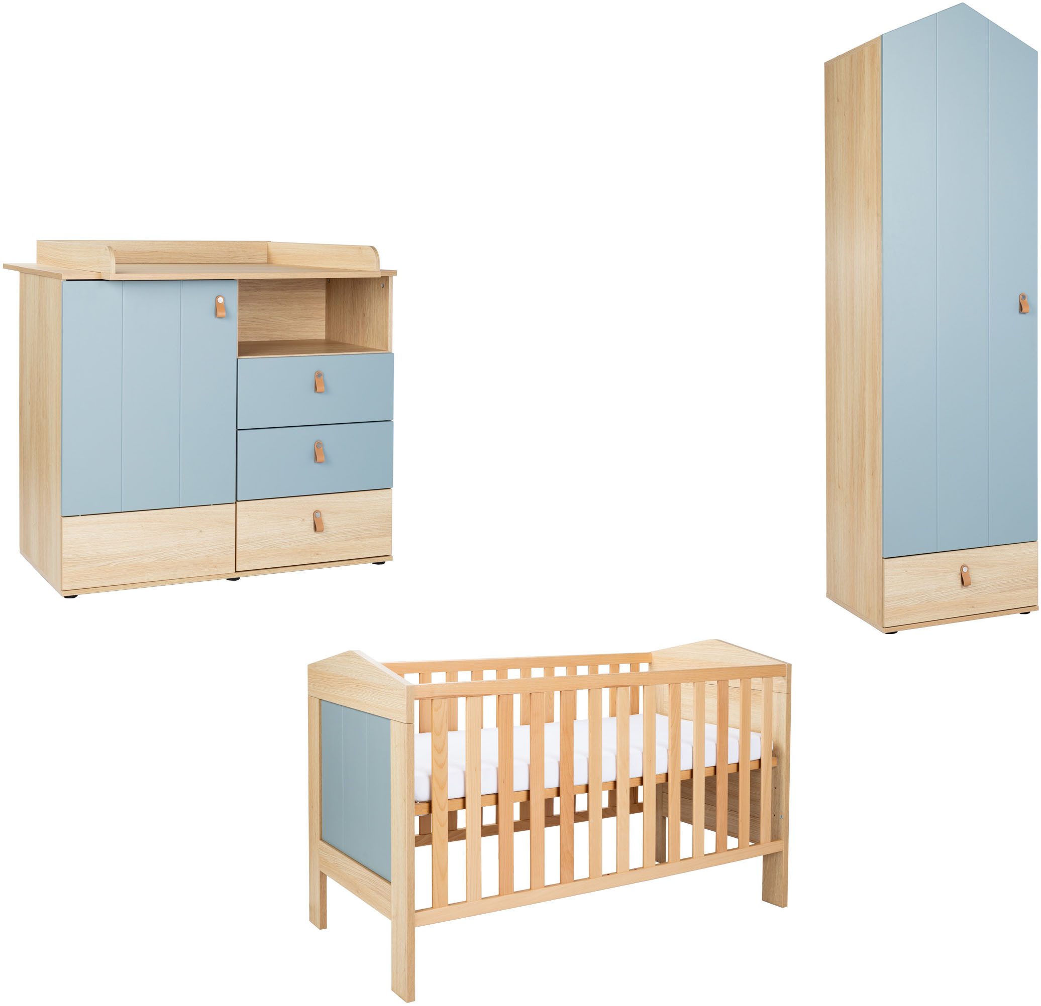 arthur berndt Babyzimmer-Komplettset Babyzimmer-Set »Roofy« 3-teilig mit 1-türigem Kleiderschrank, (Set, 3-tlg., Babymöbel-Set »Roofy« Kleiderschrank,Kinderbett+Wickelkommode)