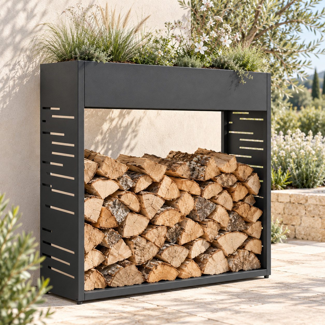 HAGO Kaminholzregal Feuerholzregal Brennholzregal Holzlagerregal Kaminholzregal verzinkter, BxTxH:112x30x111 cm, Wetterbeständig; integrierter Pflanzkasten; verstellbare Bodenschoner