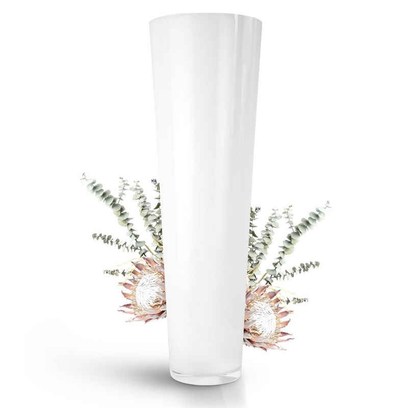 Glaskönig Bodenvase »Weiße Dekovase aus Glas 70cm hoch Ø 22,5cm - mit Seitenwänden von 5mm« (Handarbeit, mundgeblasene Glasvase weiß), Ideal für Trockenblumen und als Pampasgras Vase