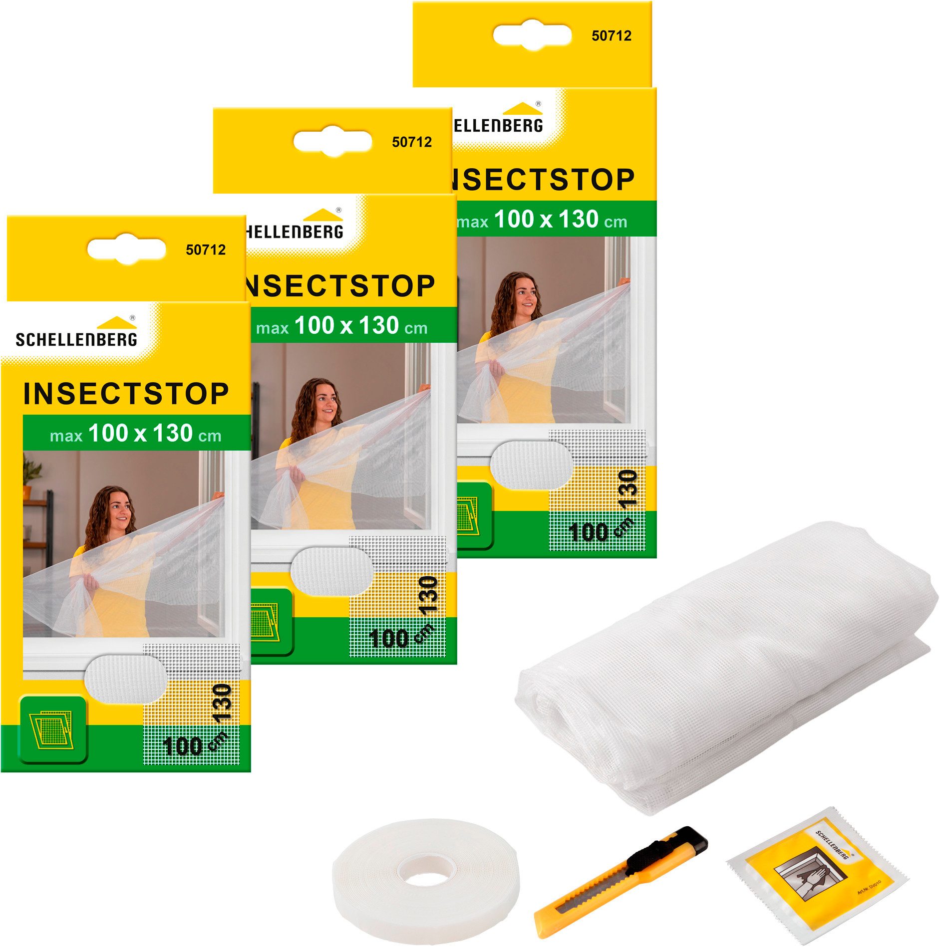 SCHELLENBERG Fliegengitter-Gewebe für Fenster ohne bohren, (Set, 3-St), Insektenschutz mit Klettband, 100 x 130 cm, anthrazit und weiß