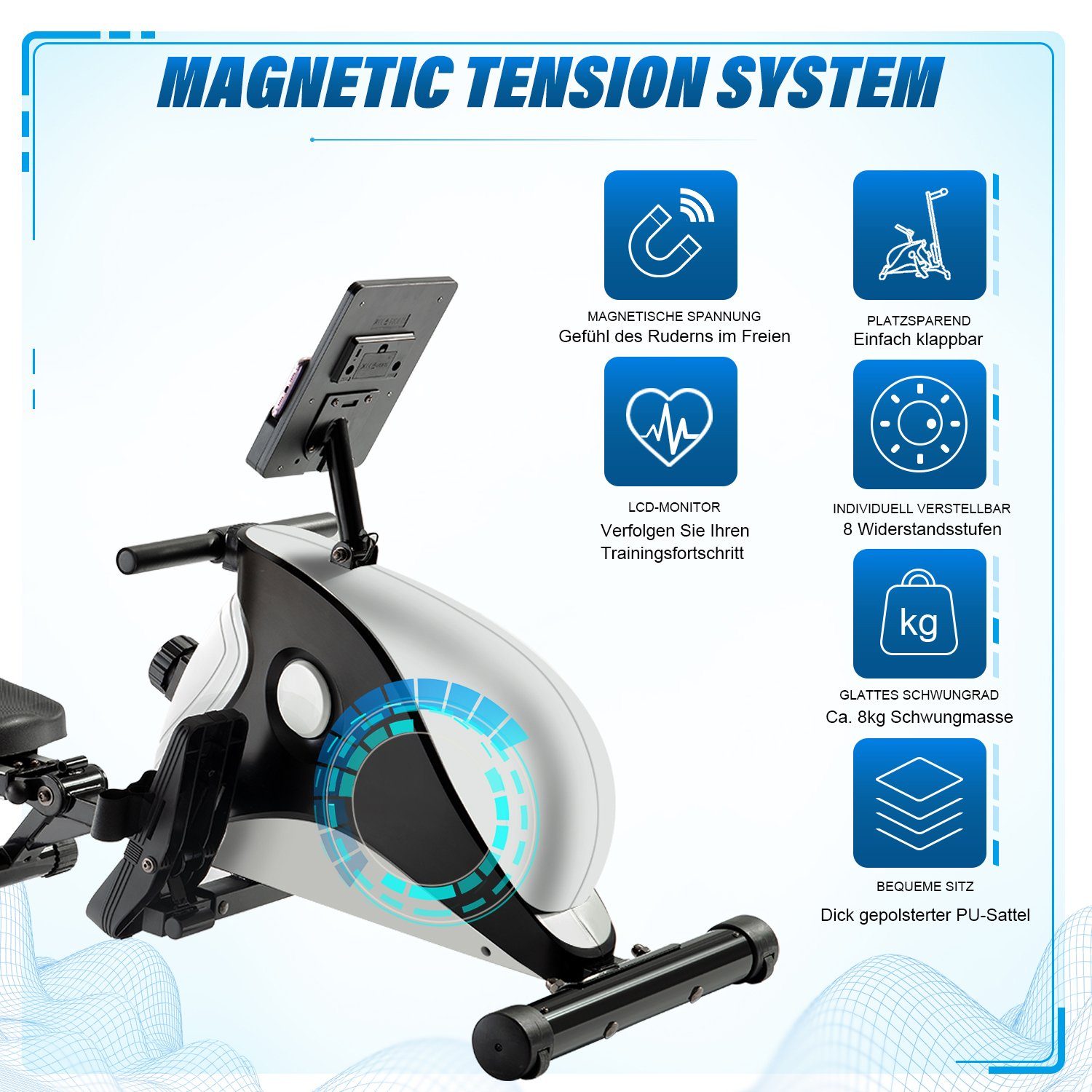 zur LCD-Display Trainingsgerät Widerstandseinstellung Klapprudergerät 8-stufiges mit und Rudergerät Rudergerät EXTSUD Indoor Magnetkraft,
