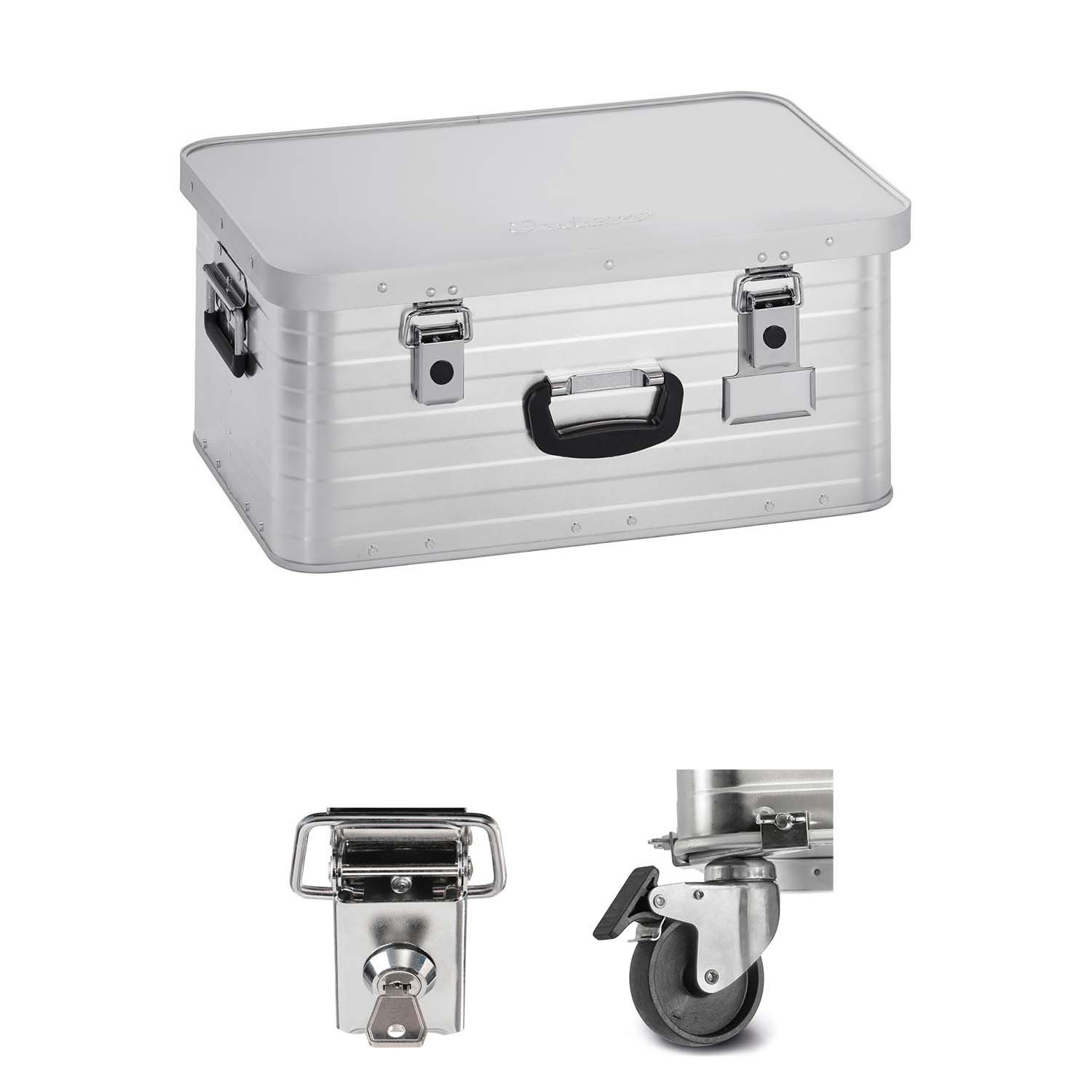 Enders® Aufbewahrungsbox Alubox 47 Liter + Schloss-Set + Transportrollen-Set, Alukiste Transportbox Lagerbox Alukoffer Metallkiste Alubox