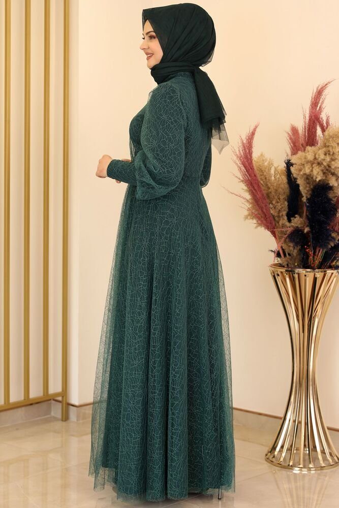 Modavitrini Tüllkleid Abendkleid Smaragd-Grün Kleid langärmliges Hijab silbriges Abiye Maxikleid Abaya