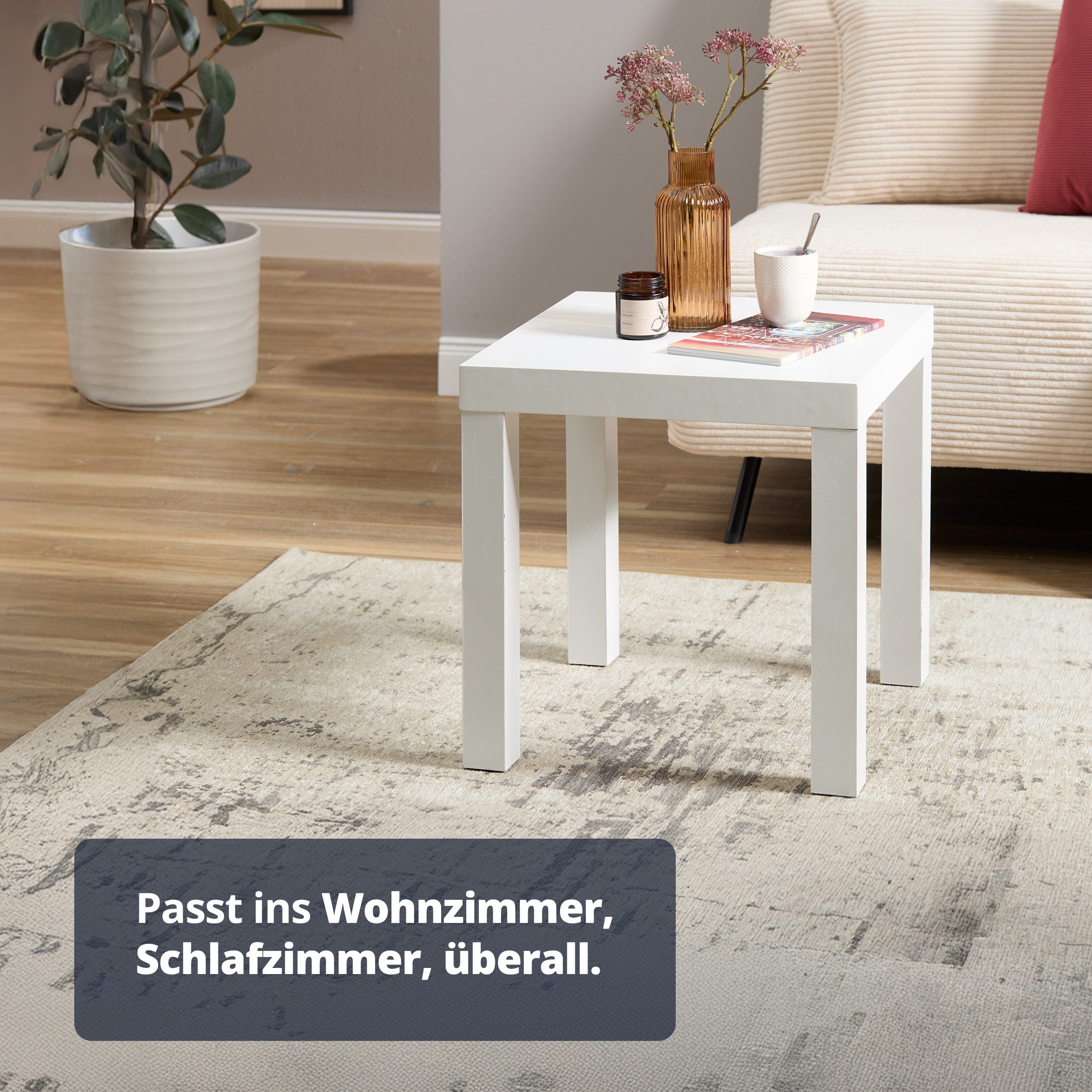 KHG Beistelltisch kleiner Couchtisch quadratisch, Nachttisch Weiß (Holzwerkstoff foliert, 5 kg belastbar, 45x45x45 cm, pflegeleicht, ideal für Wohn- und Schlafzimmer), Pflegeleicht, Quadratisch