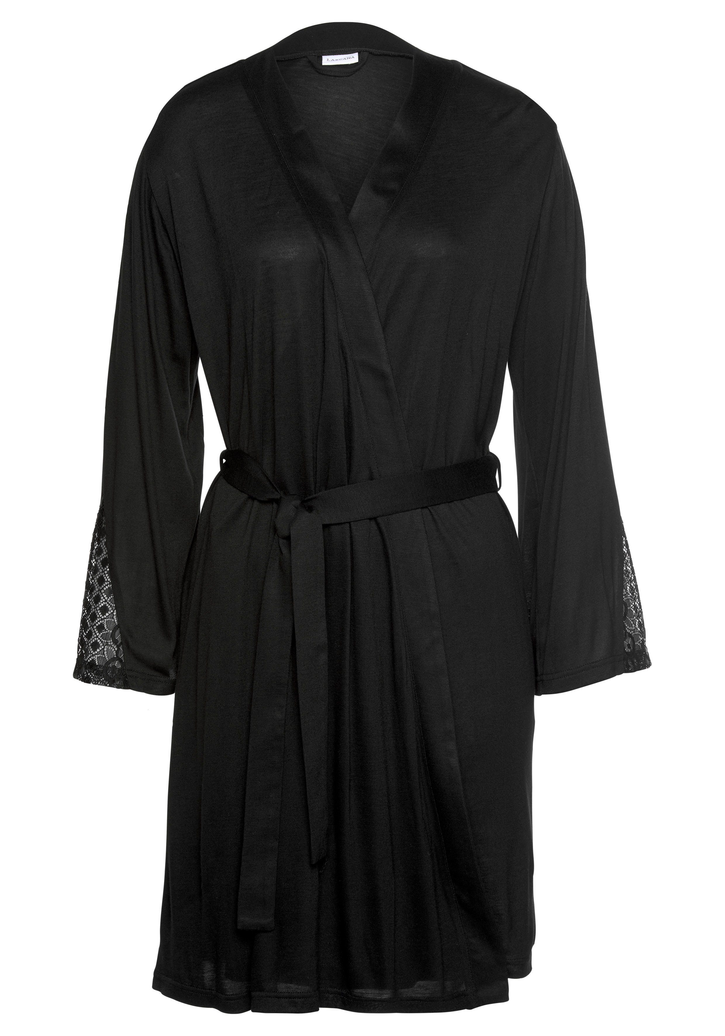 Kimono, schwarz mit und langen LASCANA Spitzen-Details Kurzform, Viskose, Gürtel, Ärmeln