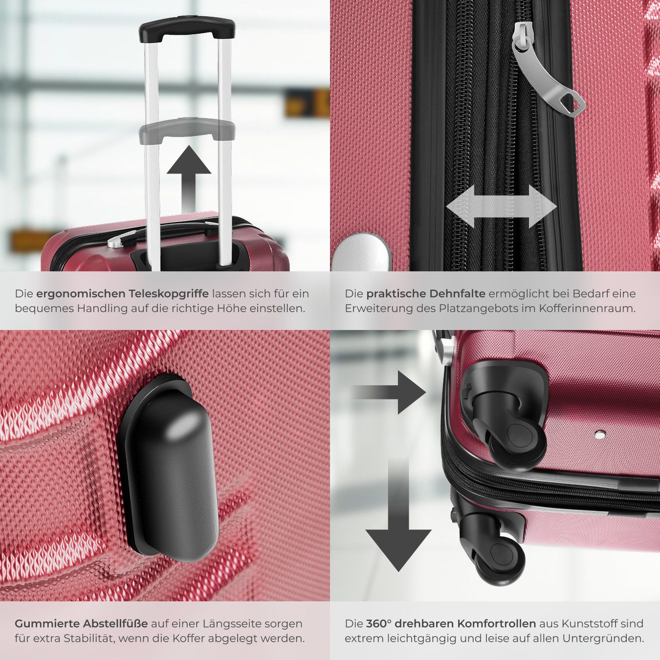 tectake Trolley Hartschalenkoffer-Set aus robustem ABS-Kunststoff mit Teleskopgriff, 4 Rollen, 360° drehbare, abnehmbare Rollen, mit Sicherheits-Zahlenschloss