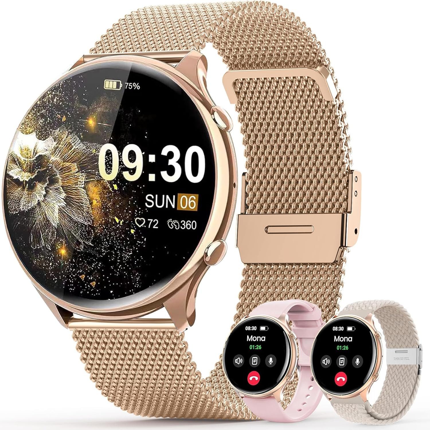 elfofle Damen's Telefonfunktion IP67 Wasserdicht Fitness Tracker Smartwatch (3,5 cm/1,39 Zoll, Android iOS), mit 120 Sport SpO2 Pulsuhr Menstruationszyklus SchlafmonitorArmbanduhr