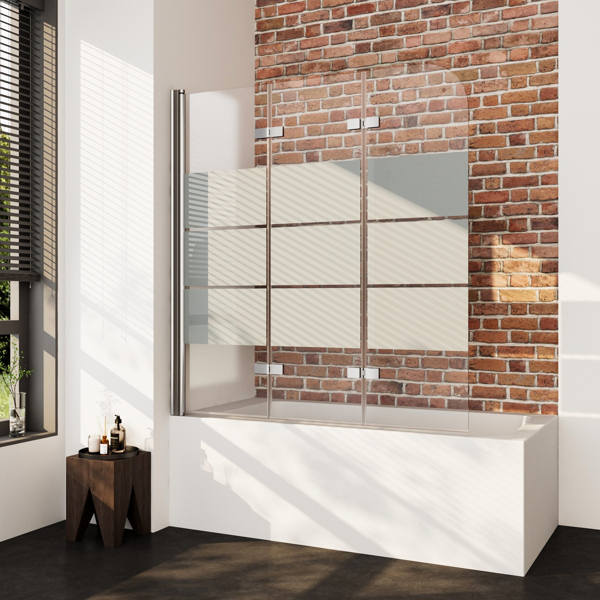 Boromal Badewannenaufsatz 140x140 130x140 120x140 3 teilig faltbar Duschwand für Badewanne Glas, 5mm Sicherheitsglas, Milchglas, verstellbar Alu Wandprofil, komplett faltbar