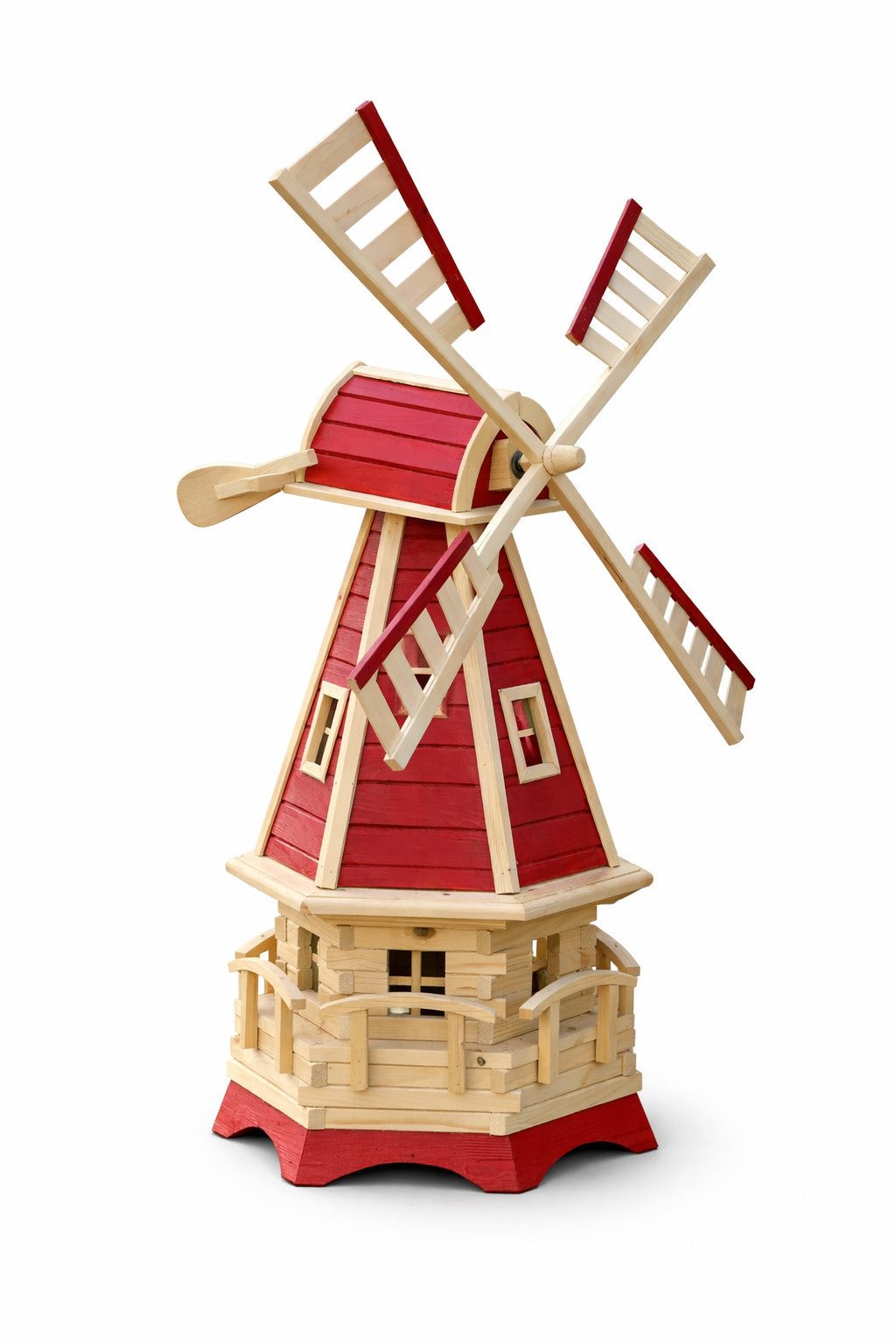 Holzdekoladen Deko-Windrad Holländische Gartenwindmühle Holz drehbar mit Fenster 130 cm