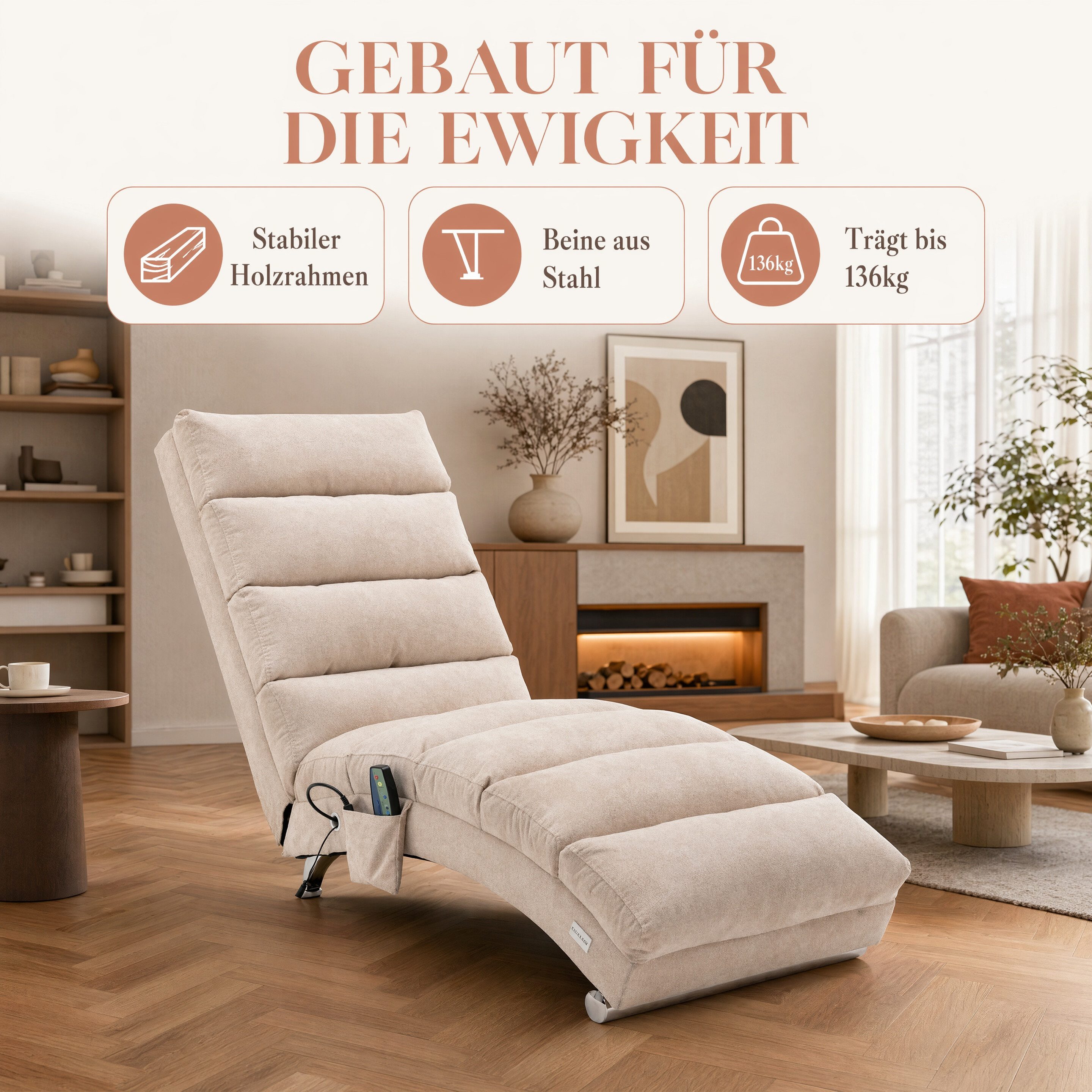 Totnz Relaxliege mit Massagefunktion, Leinenbezug, ergonomische Rückenlehne 140°, gepolstert mit Knopfheftung, Seitentasche, stabiler Holzrahmen & Stahlbeine