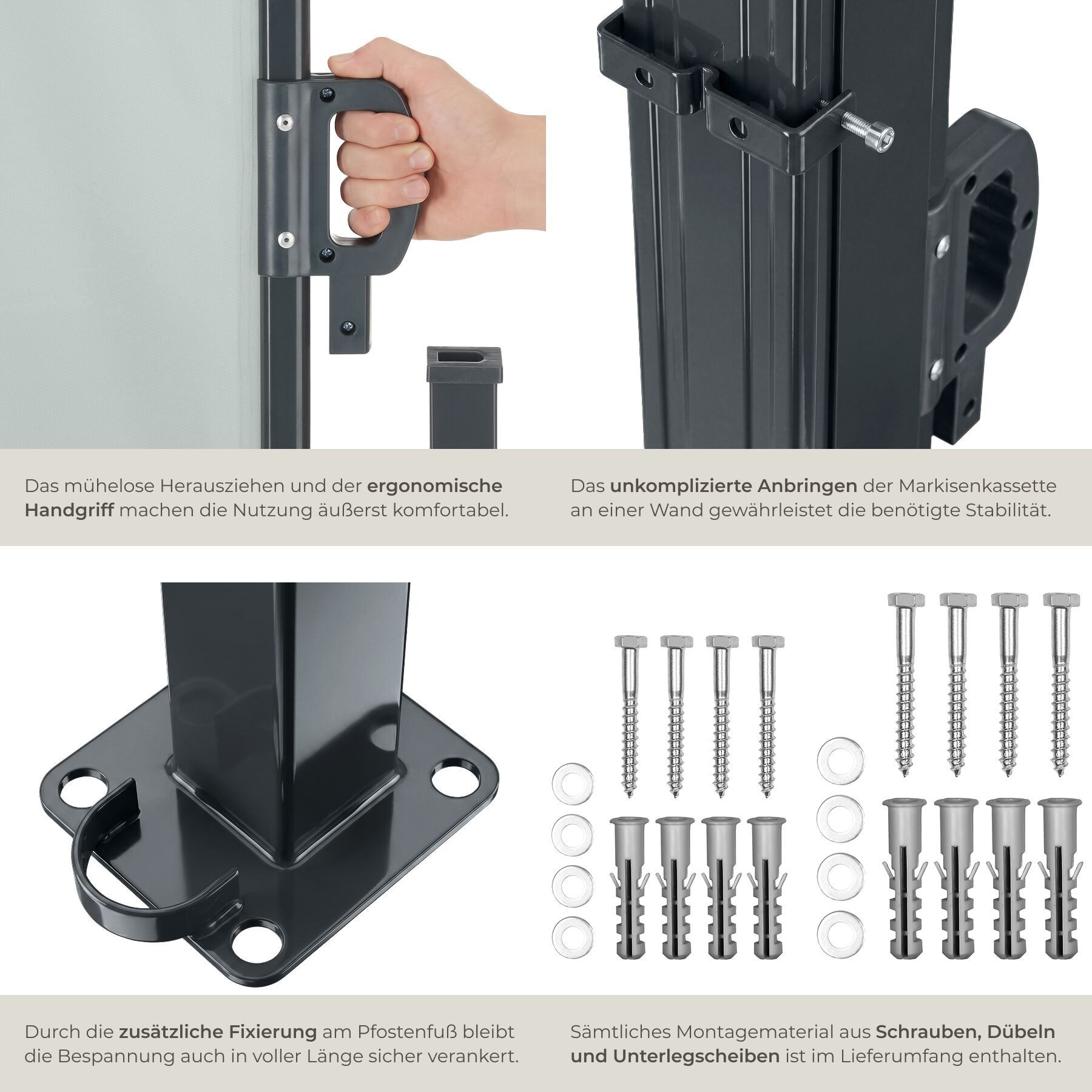 tectake Seitenarmmarkise Garten Sichtschutz - ausziehbar, blickdicht, wetterfest (Balkonmarkise, in Grau) automatischer Aufrollmechanismus – Bild 5 von 5