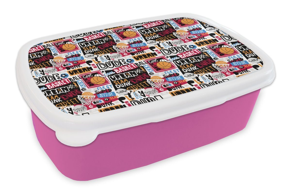 MuchoWow Lunchbox für Kunststoff, - Brotdose Kunststoff - Snackbox, (2-tlg), - Brotbox Mädchen, Basketball Kinder, Zitate Erwachsene, Muster rosa Alphabet