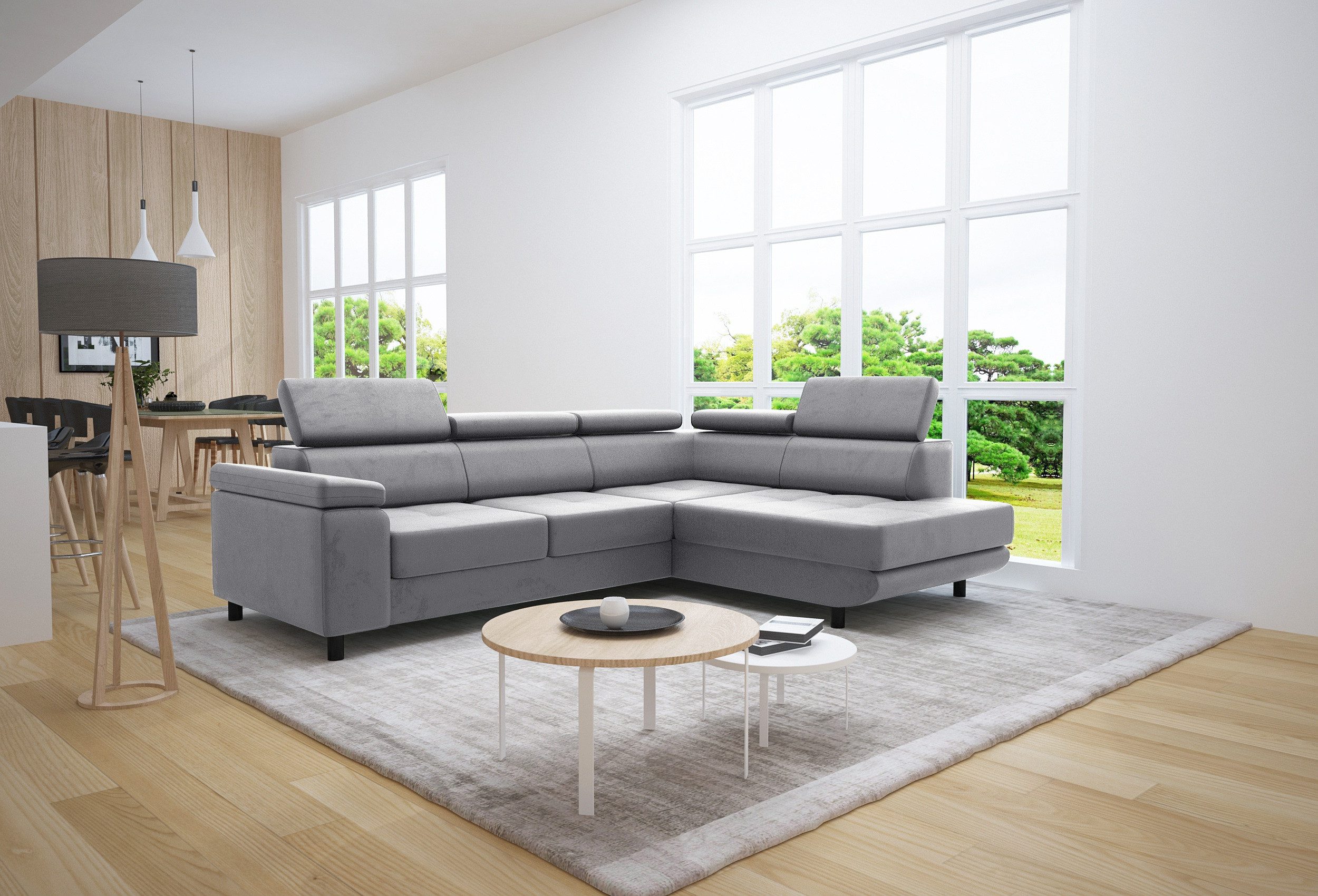 thematys Ecksofa LUNA L mit Schlaffunktion & Bettkasten – aus Velours oder Cord Stoff, mit 5 verstellbaren Kopfstützen, – L-Form 195×183 cm – Schlafsofa mit Auszug