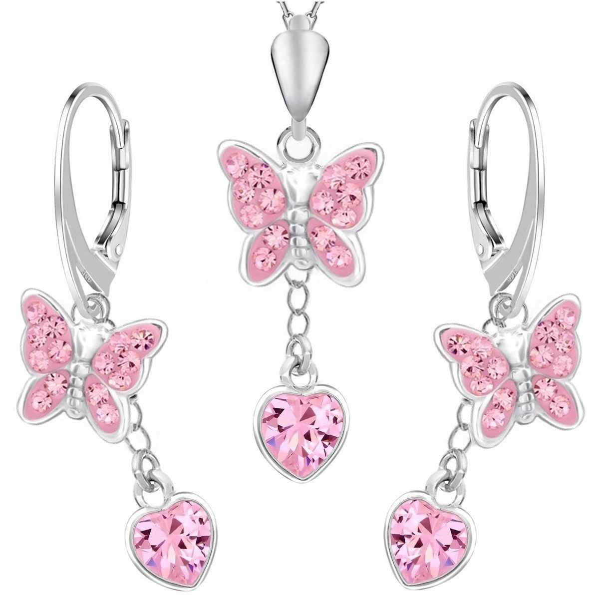 Schmuckset Schmetterling mit Rosa Herz Zirkonia Ohrringe mit Kette 925 Silber