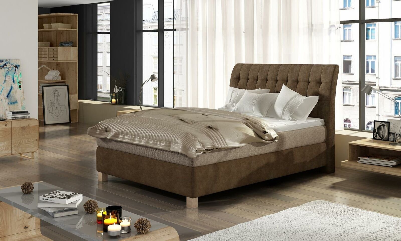 Doppel Design Bett, Bett Möbel Einrichtung Braun 140x200cm Schlafzimmer JVmoebel Betten