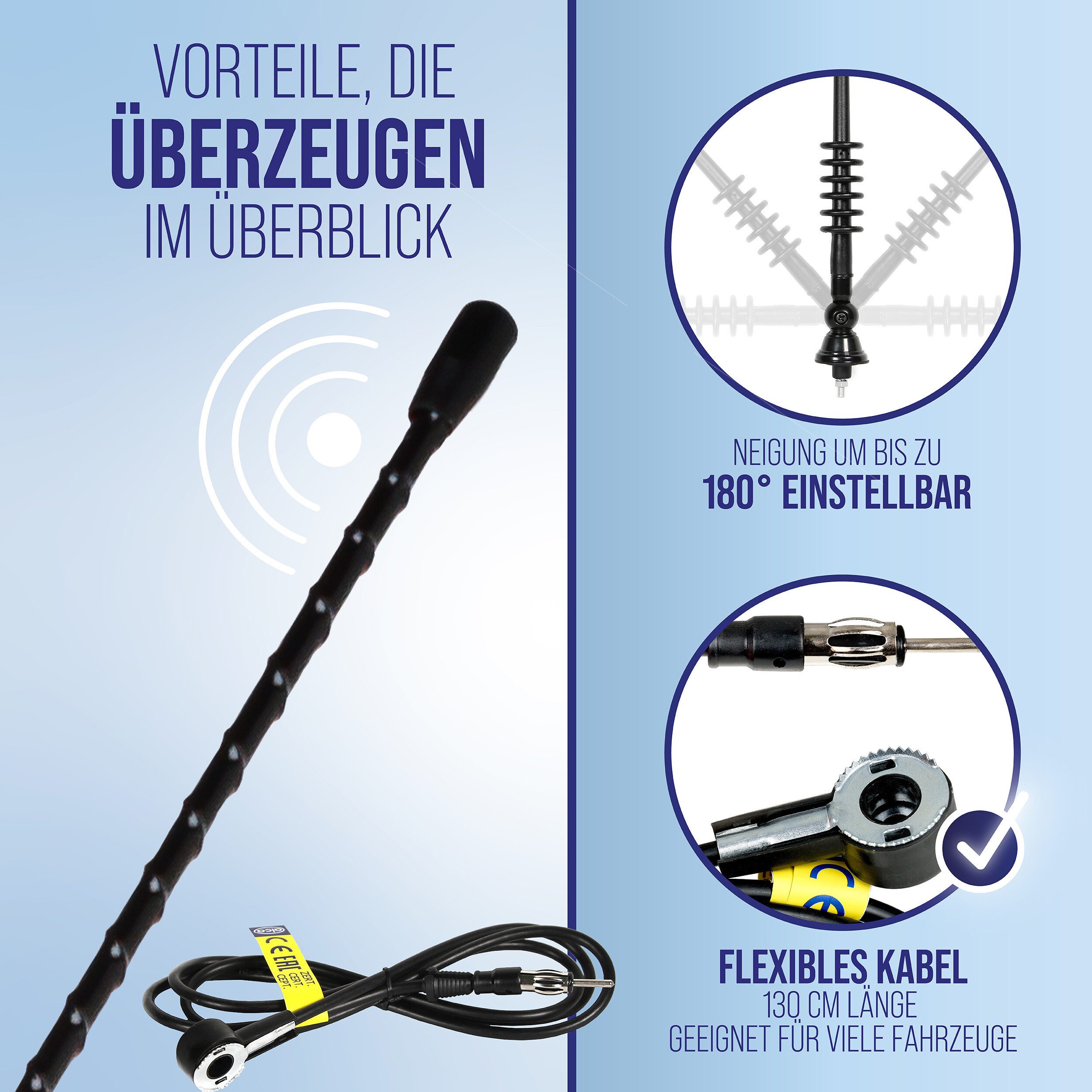 alca Dachantenne Fiberglas 80 cm schwenkbar mit DIN-Stecker für Pkw AM/FM Autoradio-Ersatzantennenstab (AM/FM) – Bild 4 von 5
