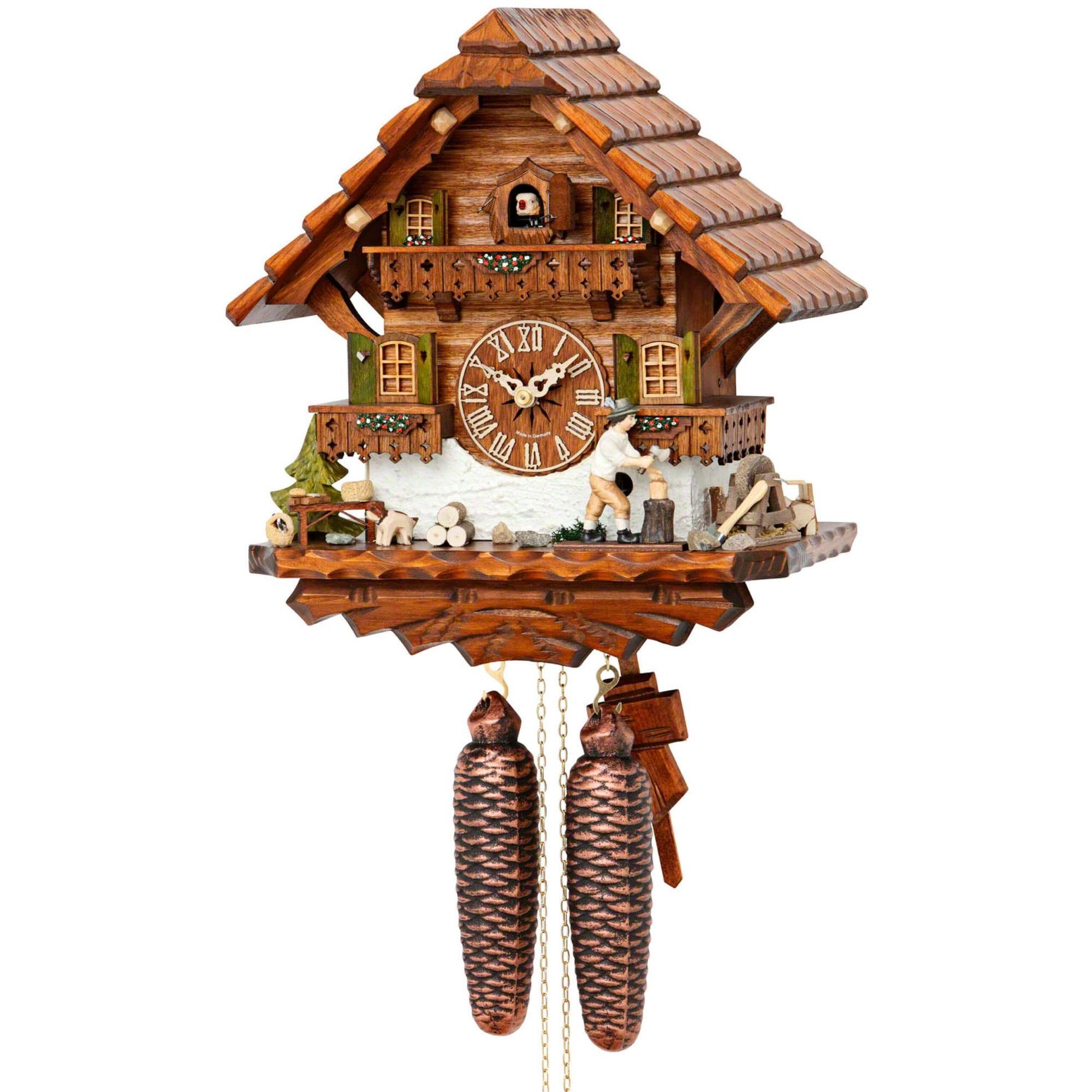 Cuco Clock Pendelwanduhr Kuckucksuhr Schwarzwalduhr 8 Holz Hund - mit Tage (17 Nachtabschaltung) 32cm, manuelle x "Holzhacker" Werk, aus x Wanduhr 30