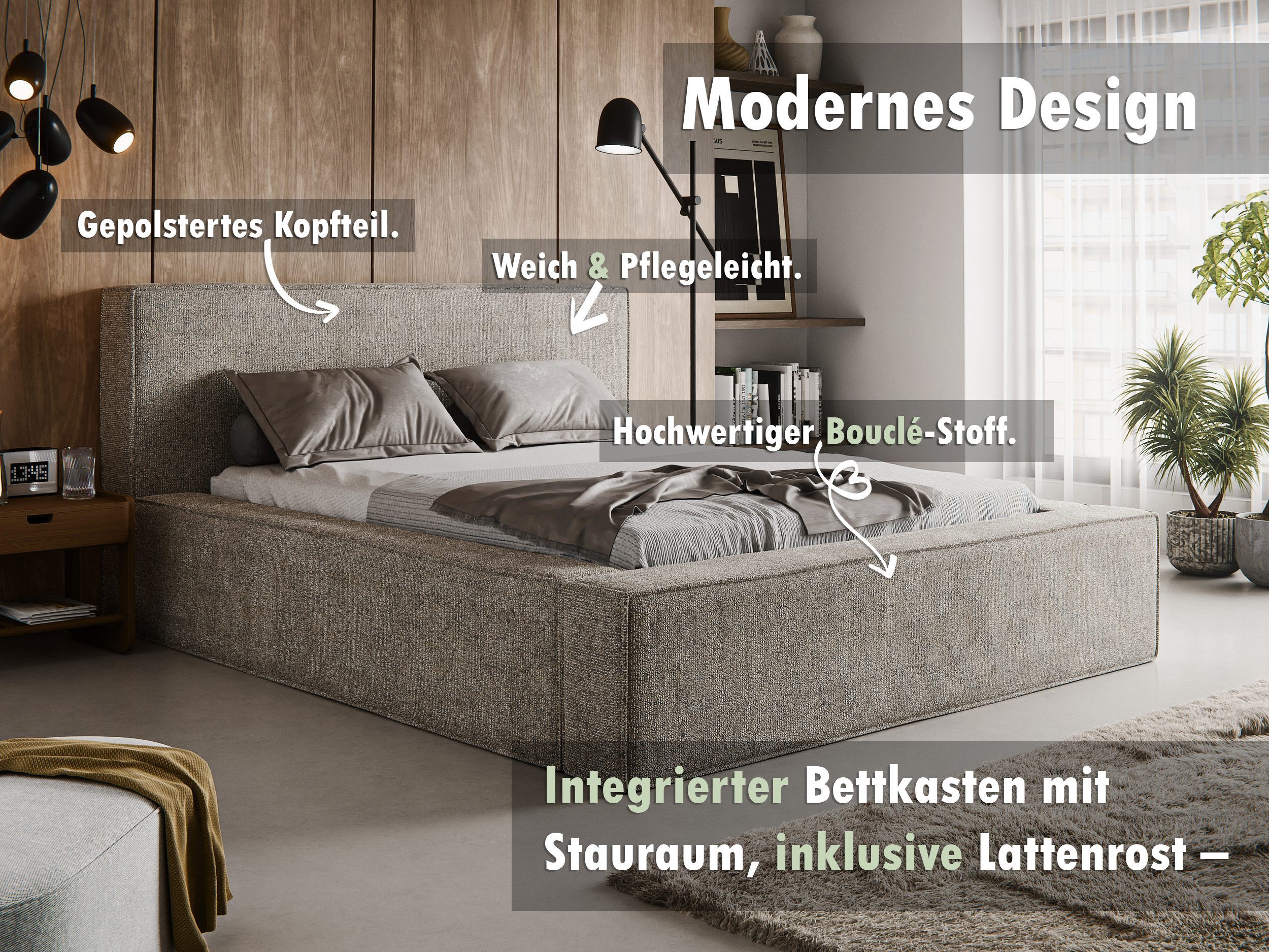 thematys Polsterbett mit Bettkasten, Stauraumbett, Bouclé 140x200 160x200 1 günstig online kaufen