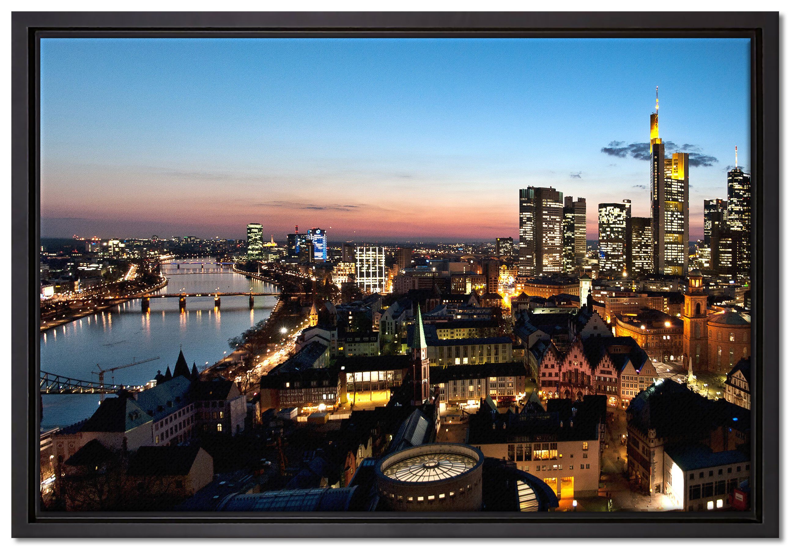 Pixxprint Leinwandbild Frankfurt Skyline, Wanddekoration (1 St), Leinwandbild fertig bespannt, in einem Schattenfugen-Bilderrahmen gefasst, inkl. Zackenaufhänger