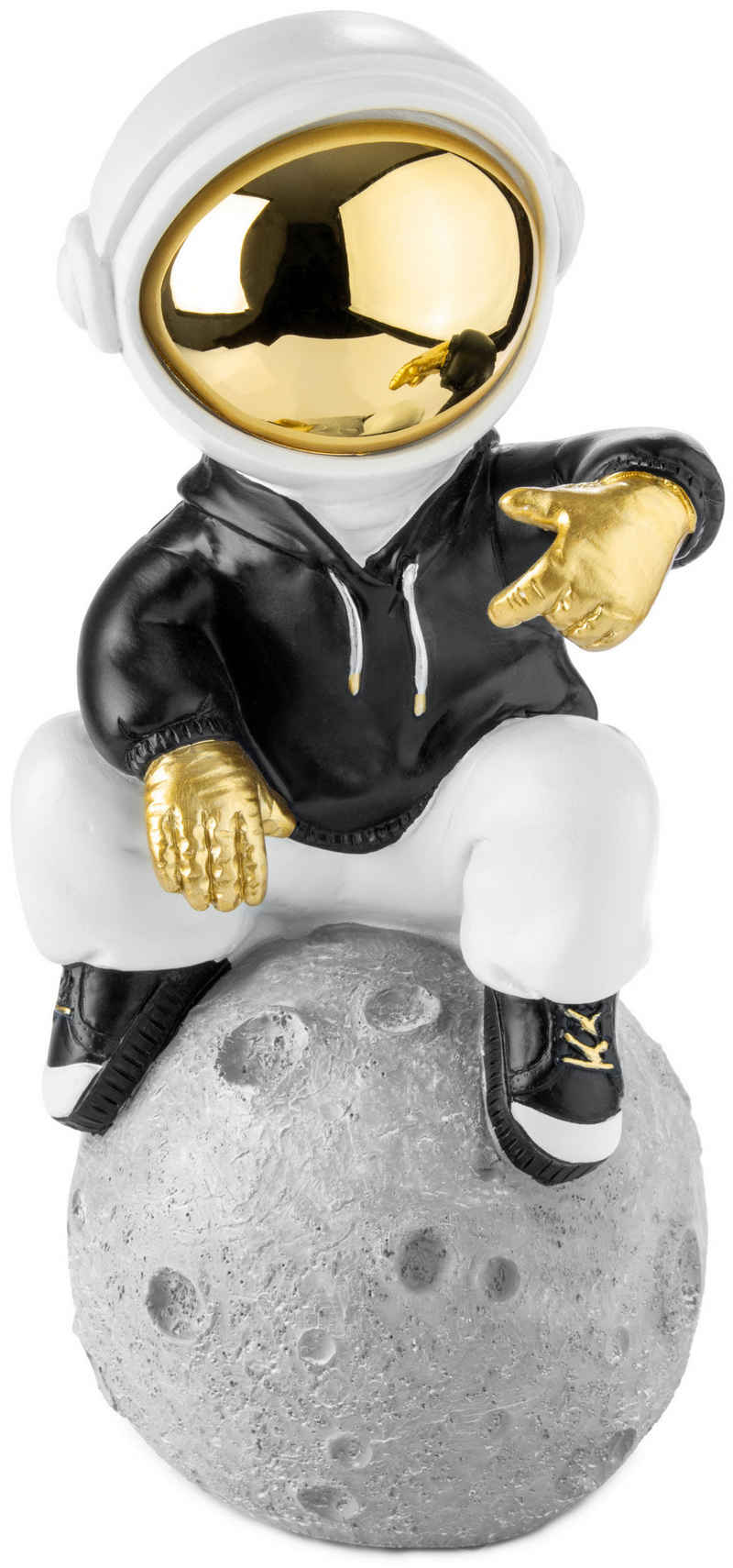 BRUBAKER Dekofigur Astronaut sitzt auf dem Mond in cooler Pose - 24 cm Weltraum Figur (Deko Raumfahrt Skulptur, 1 St., Gold, Schwarz und Weiß), Handbemalte Statue mit verchromtem Helm und schwarzem Hoodie