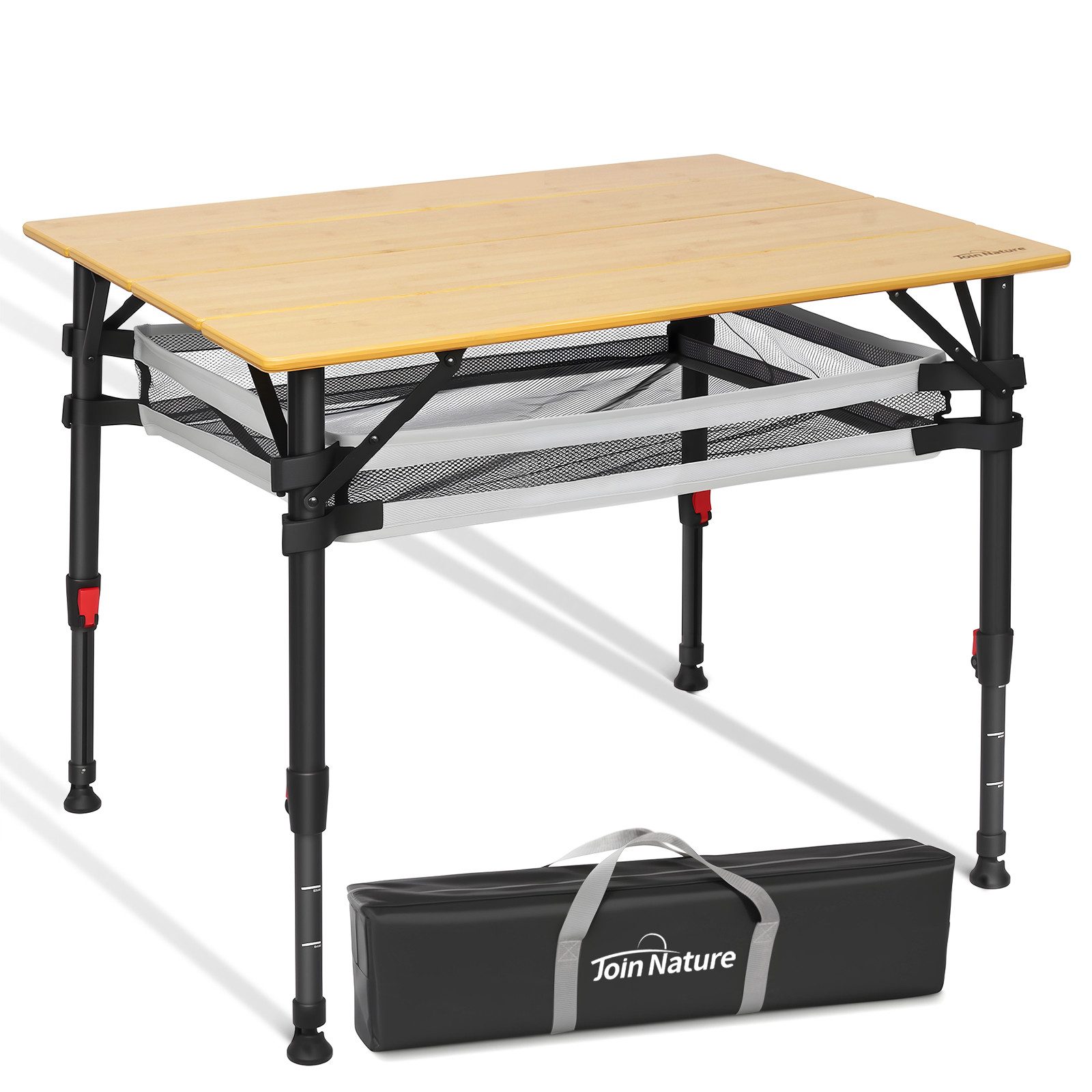 HOMECALL Klapptisch Bambus Camping-Klapptisch höhenverstellbar 47–65 cm (natürliche Bambus-Tischplatte, Aluminiumrahmen, abnehmbares Netzfach, tragbarer Outdoor-Picknicktisch)