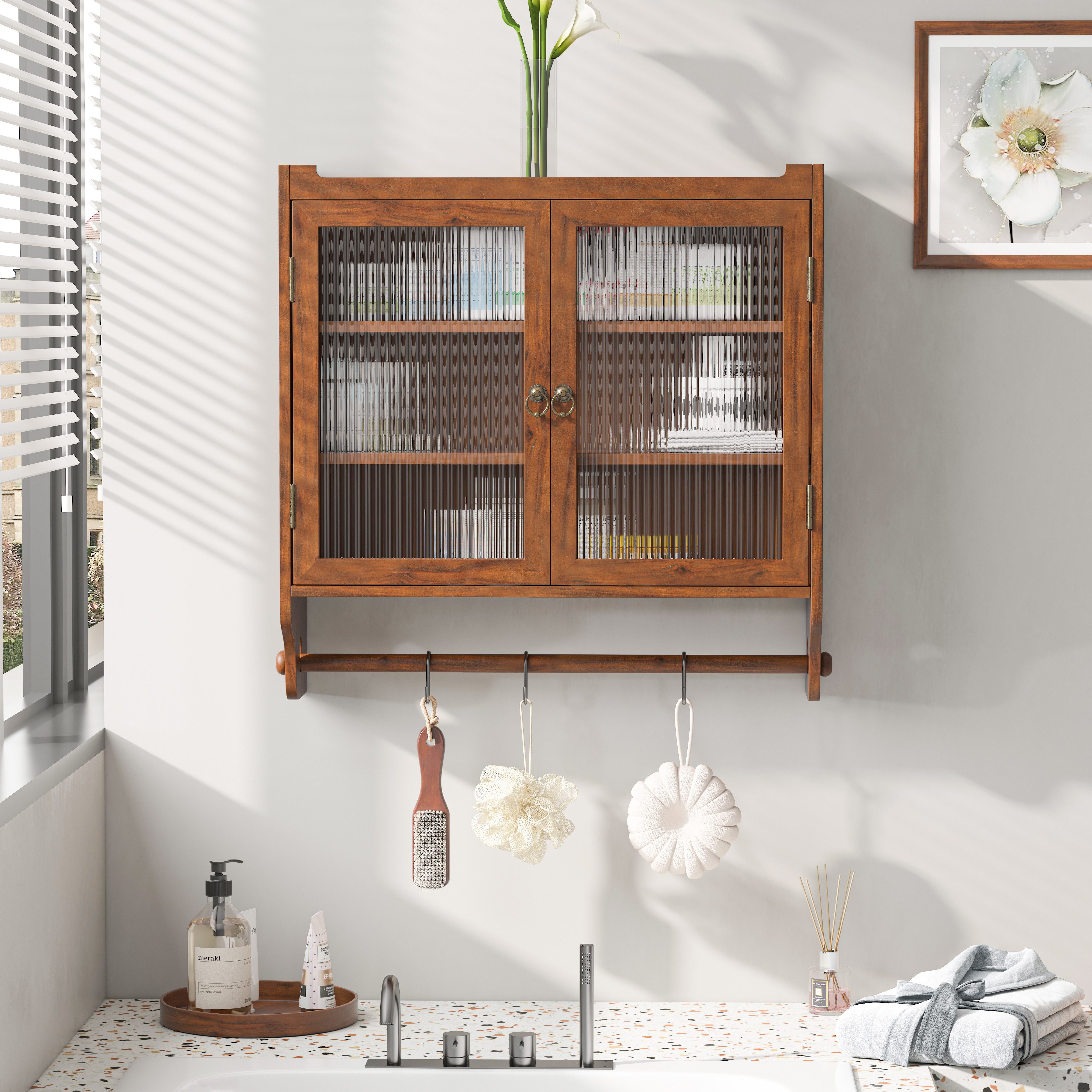 BBWL Hängeschrank Vintage Wandschrank mit Glastüren 60 cm Hängeschrank aus Massivholz und MDF mit Handtuchhalter für Bad