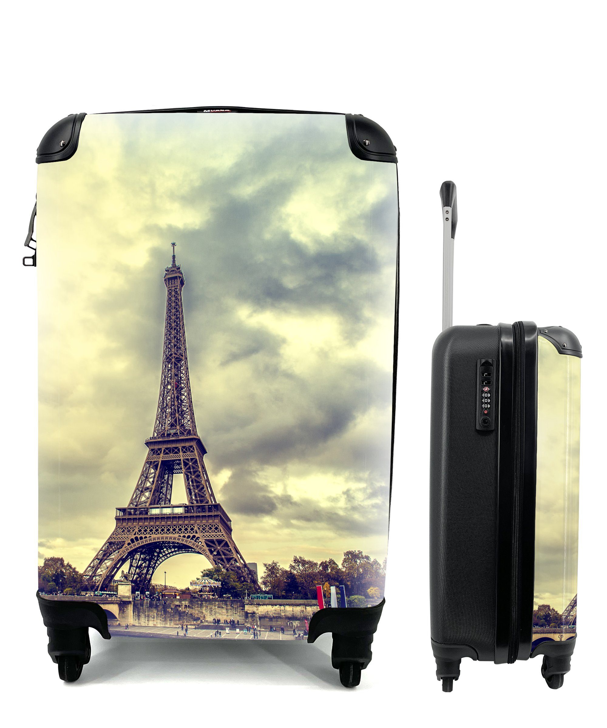 MuchoWow Handgepäckkoffer Blick über das Wasser auf den Eiffelturm und Paris, 4 Rollen, Reisetasche mit rollen, Handgepäck für Ferien, Trolley, Reisekoffer