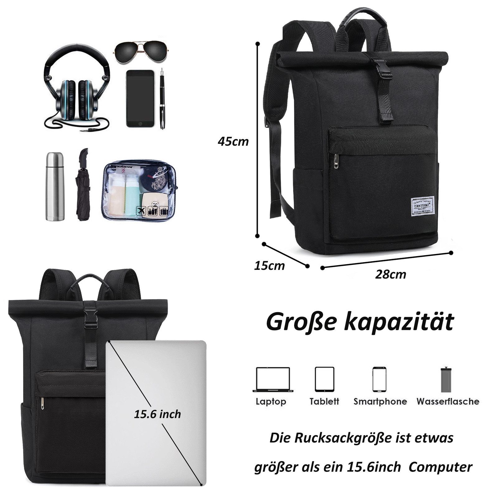 TAN.TOMI Cityrucksack Rolltop Rucksack Damen Herren, Rucksack Laptop Tasche 15,6 Zoll (Damen Herren weit öffenbar, Rolltop Rucksack wasserdicht), Backpack Daypack für Schule,Fahrradfahren,Freizeit und Reise