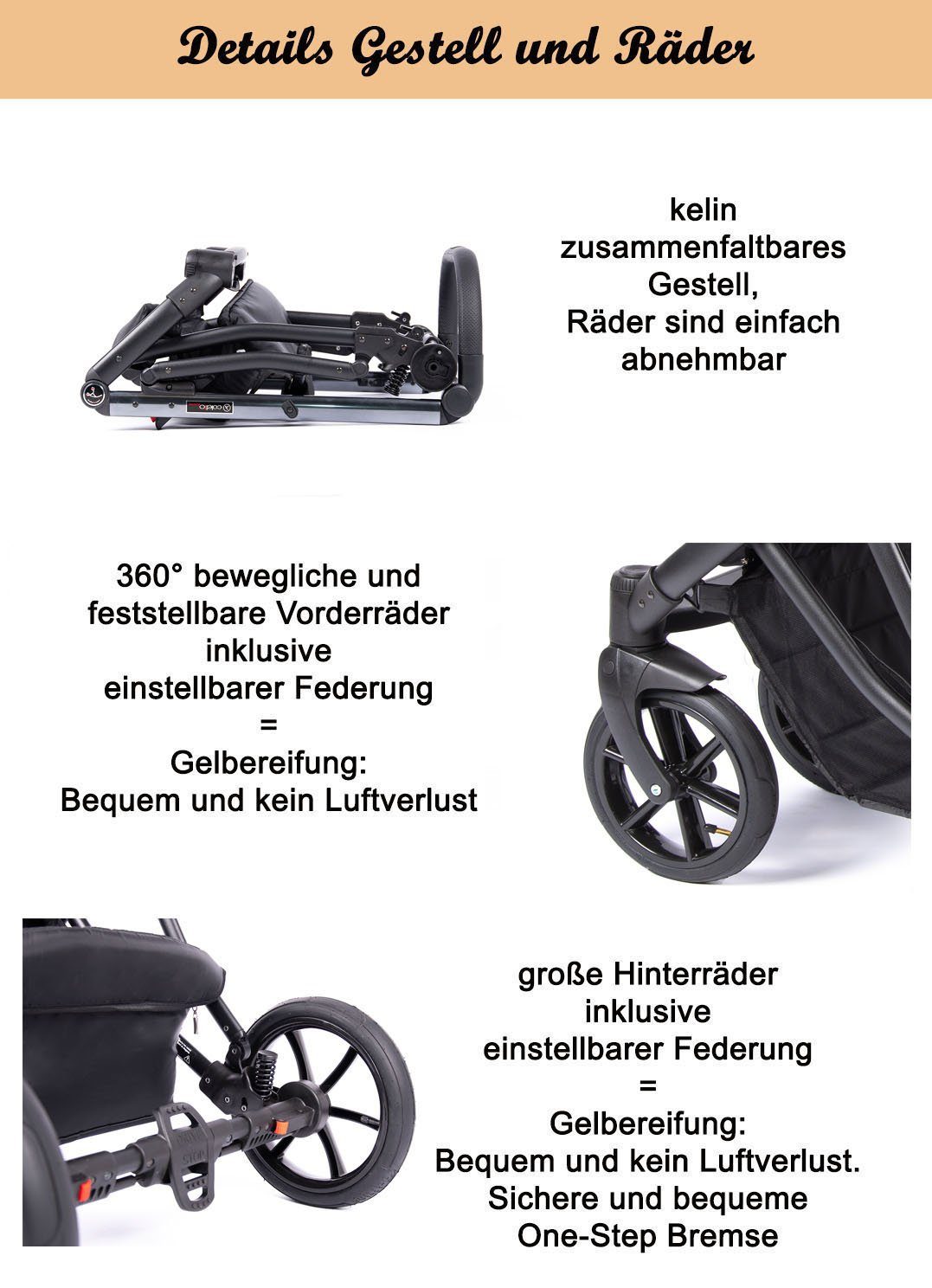 babies-on-wheels Teile Dante Gestell 16 - in kupfer Beige Kombi-Kinderwagen Kinderwagen-Set in 1 Farben 4 - = 14