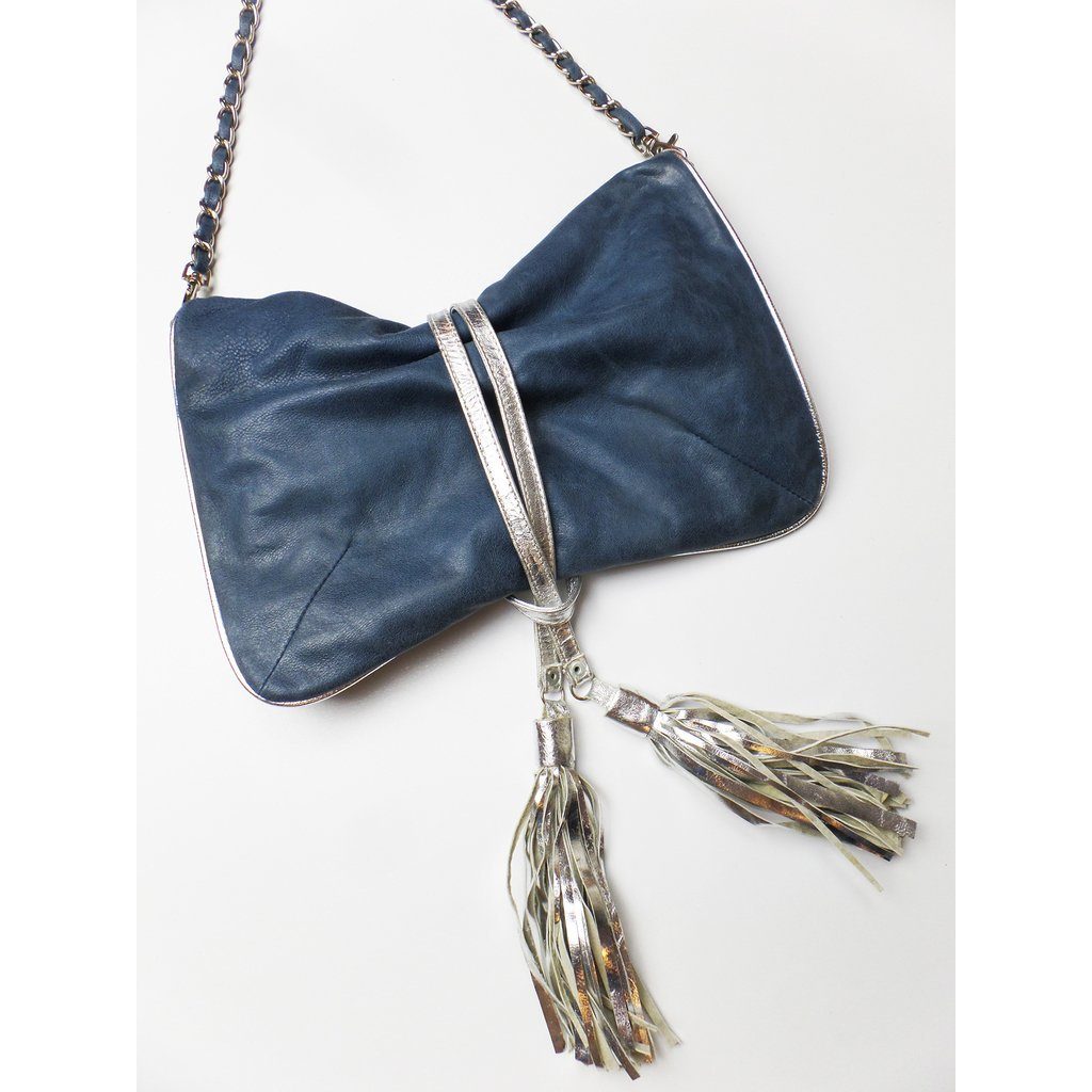 Schultertasche Handtasche Leder Lederfransen Quast mit blau-silber, echt goldmarie