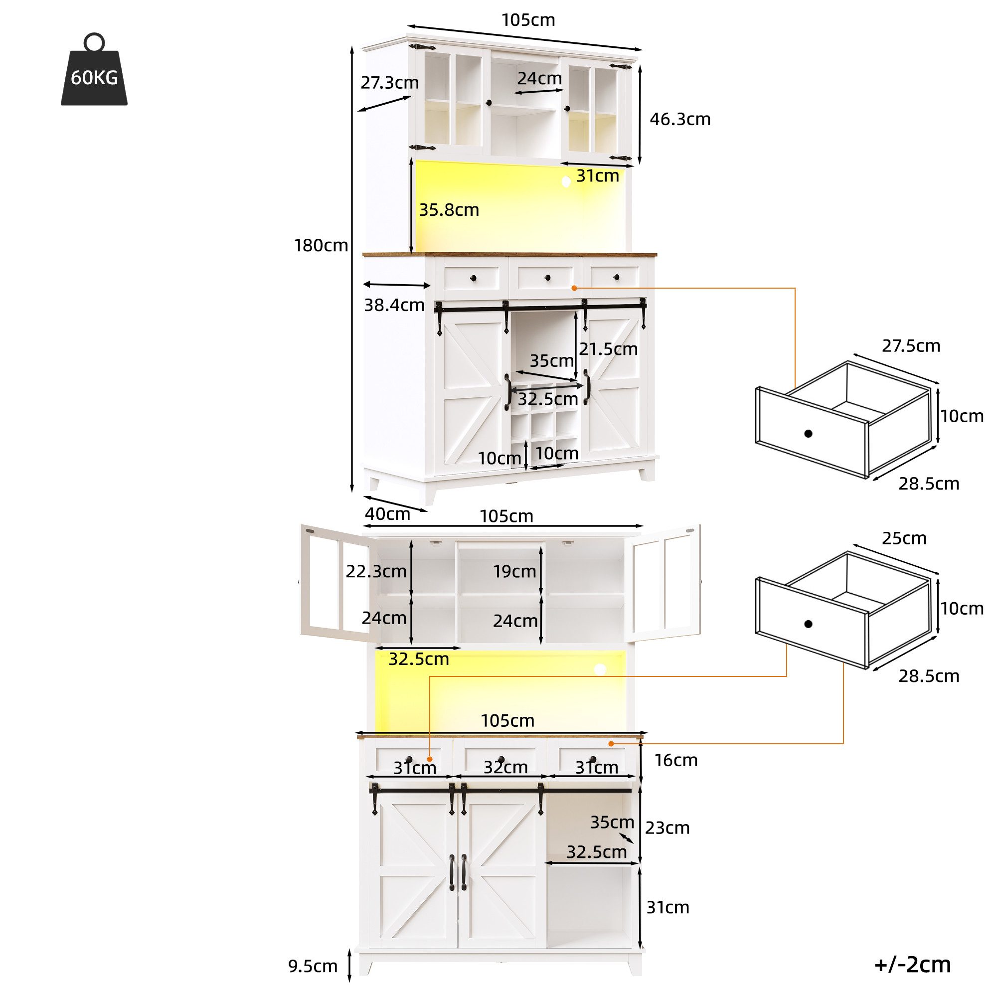 Flieks Küchenbuffet mit LED-Beleuchtung und Weinregal (Vitrinenschrank mit Schubladen und Glastüren, 1-St., B105/T40/H180 cm) Hochschrank Küchenschrank Geschirr – Bild 4 von 5