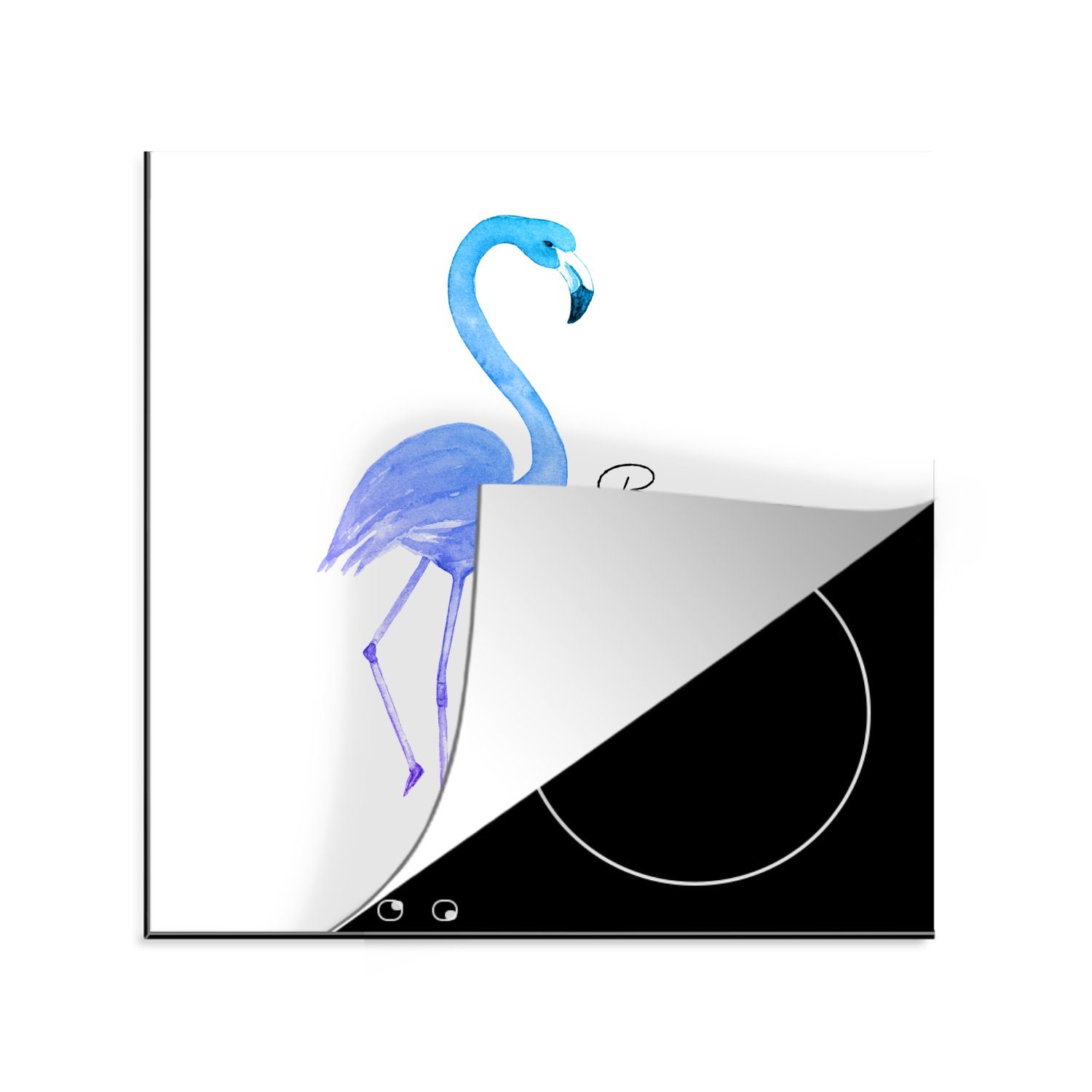 MuchoWow Herdblende-/Abdeckplatte Flamingo - Aquarell - Buchstaben - Blau, Vinyl, (1 tlg), 78x78 cm, Ceranfeldabdeckung, Arbeitsplatte für küche