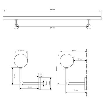 ECD Germany Brüstungsgeländer Handlauf Edelstahlhandlauf Wandhandlauf Treppengeländer, 60 cm Länge, 8.9 cm Höhe, Edelstahl V2A 60cm rund Ø42mm gebürstet Innen/Außen mit Wandhalterung