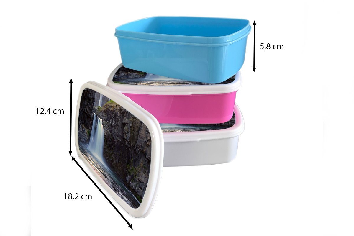 Mädchen - und MuchoWow Lunchbox und - Brotdose, weiß Wasser Brotbox für Kunststoff, Kinder (2-tlg), Felsen, für Wasserfall Jungs Erwachsene,