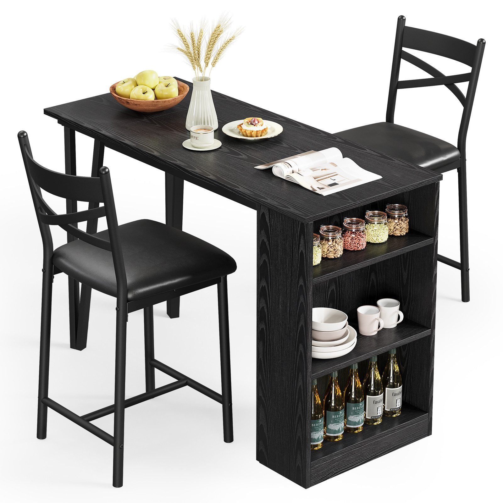 GarveeMore Essgruppe Esstisch Klappbar mit 2 Stühlen für Küche & Esszimmer, Bartisch,Ktichen Tisch mit 2 Gepolsterter Sitz und 3 Ablagen