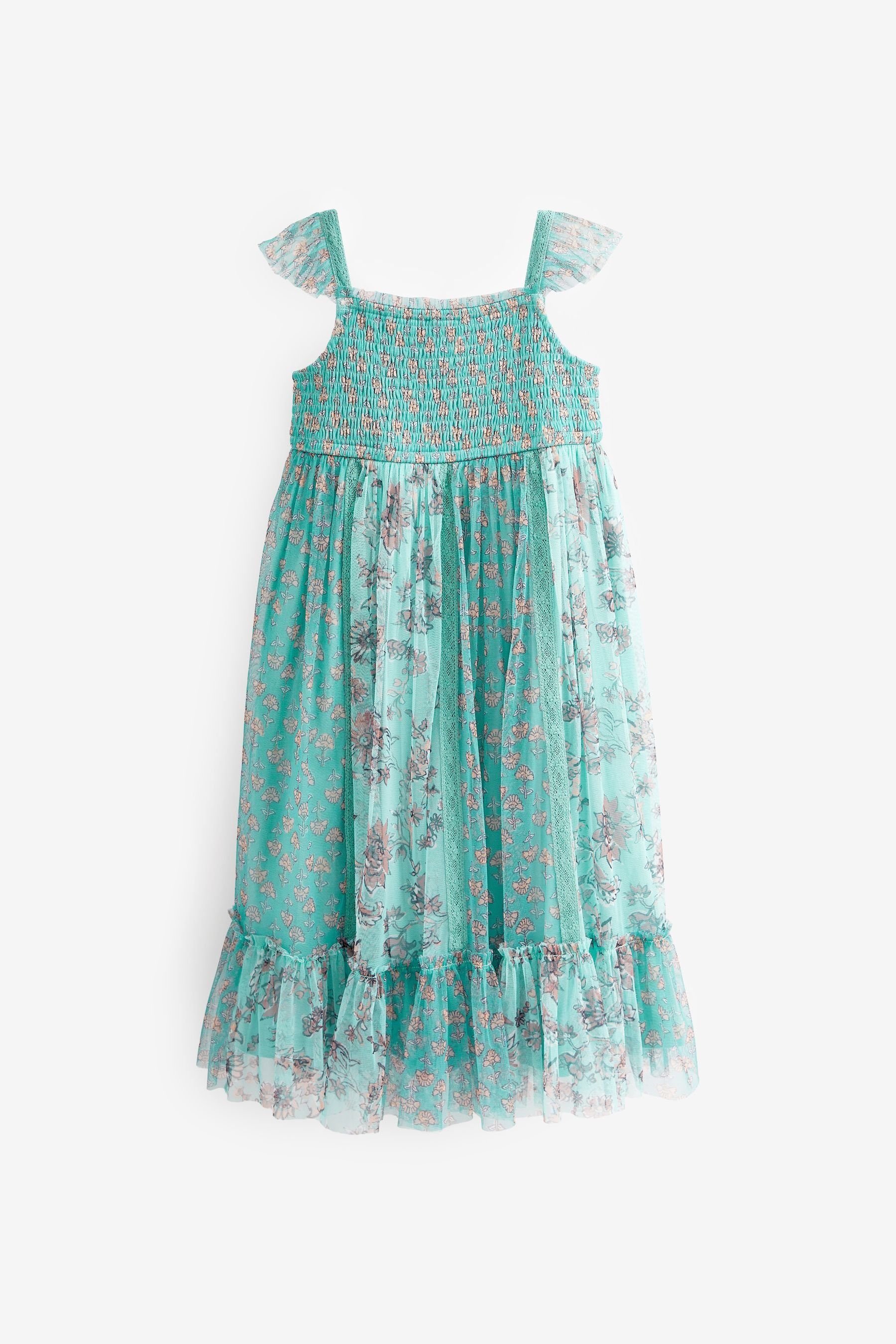 Next Partykleid Midikleid mit Trägern aus Floral Blue/Mint Teal weichem Green (1-tlg) Mesh Print