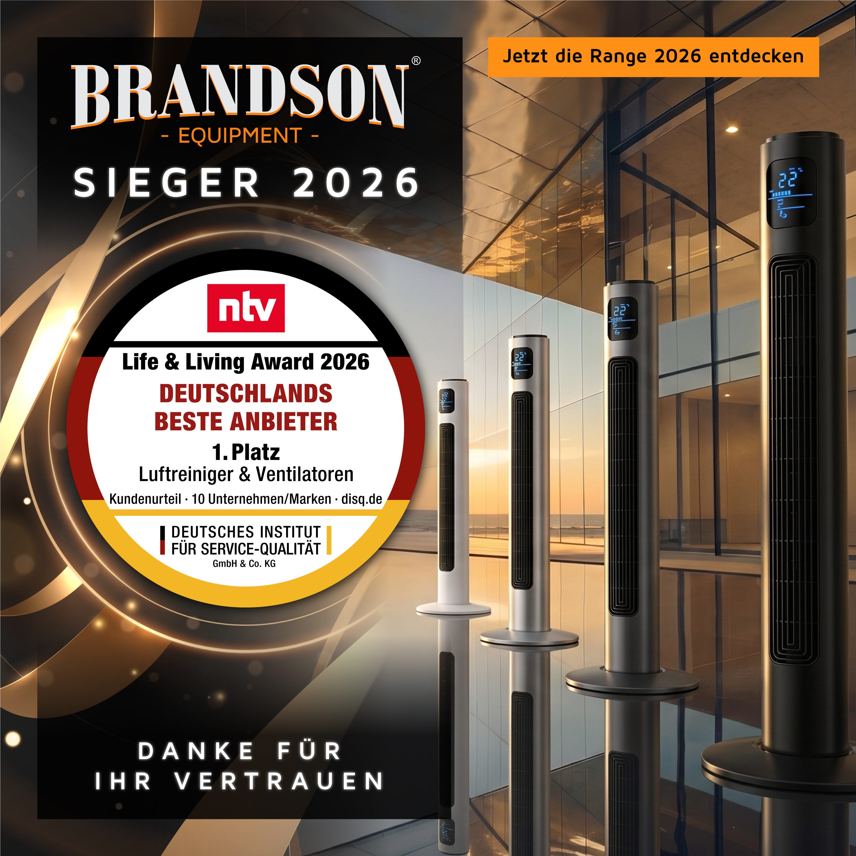 Brandson Turmventilator Oszillation 65°, Timer, Fernbedienung, Standventilator 96cm, Weiß, NTV Sieger 2026, mobiler Lüfter leise, 4 Lüftungs-Modi, GS-Geprüft