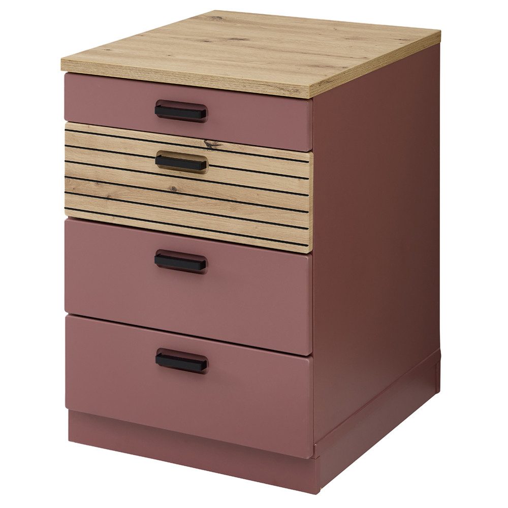 Lomadox Rollcontainer GLENDALE-36, Rot matt Eiche Dekor 45 cm Softclose Schublade Organizer Filz