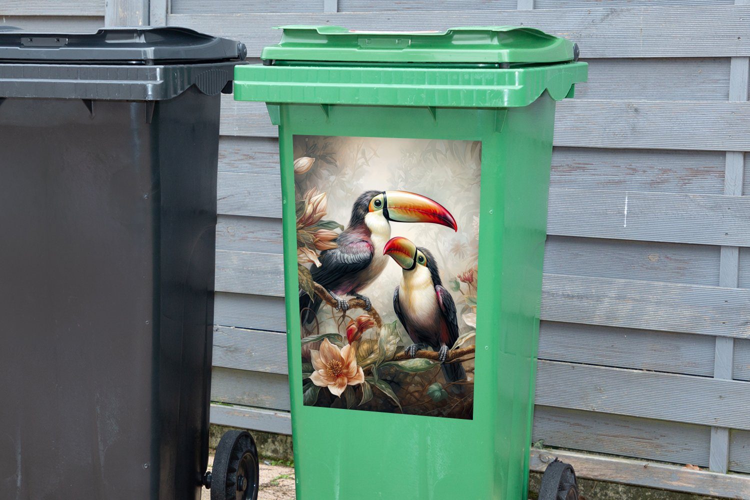 Abfalbehälter Dschungel Wandsticker St), Container, Blumen Vögel (1 Tukan Sticker, Mülltonne, Mülleimer-aufkleber, - - - MuchoWow