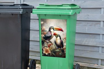 MuchoWow Wandsticker Tukan - Vögel - Blumen - Dschungel (1 St), Mülleimer-aufkleber, Mülltonne, Sticker, Container, Abfalbehälter