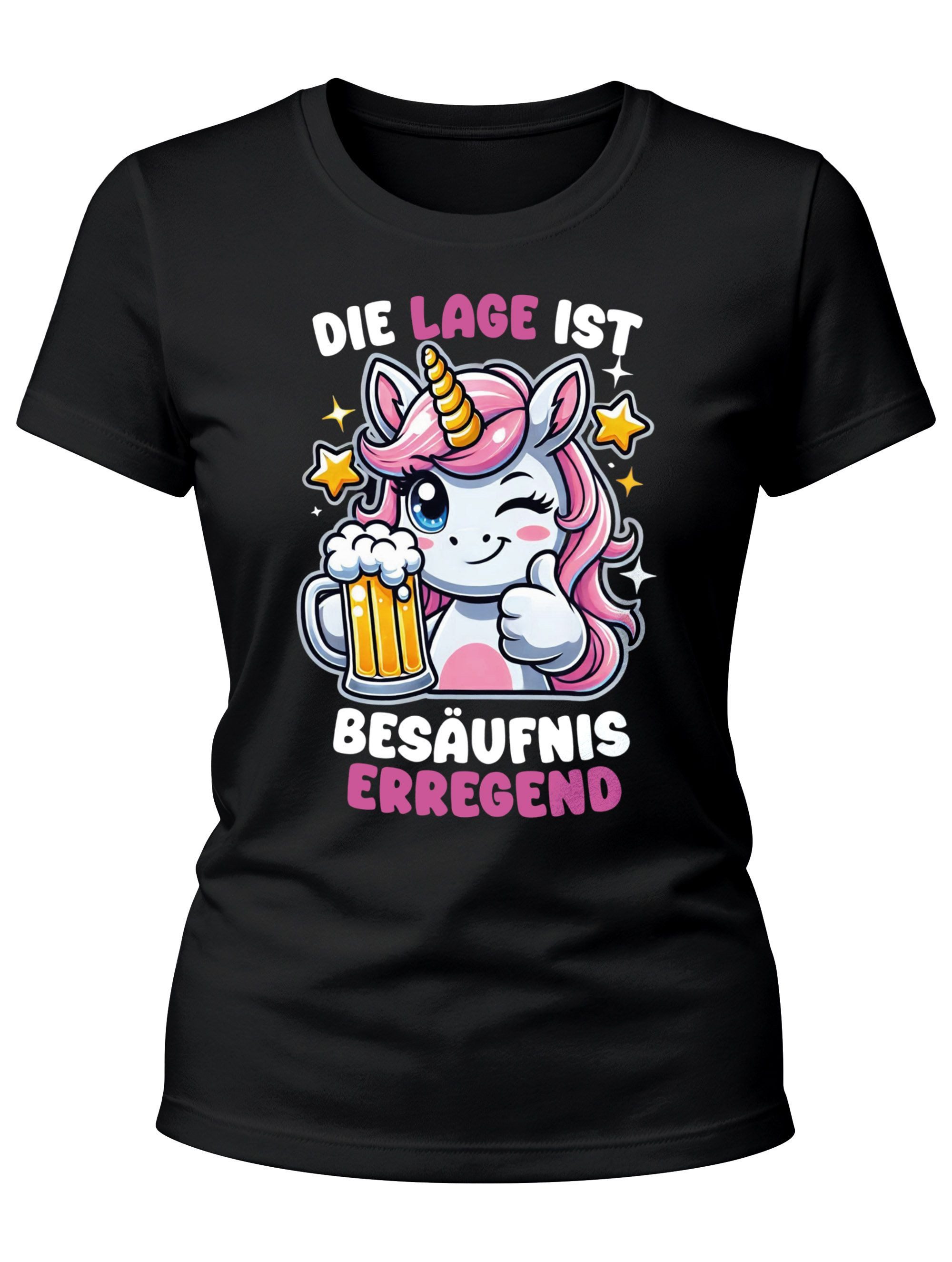Print-Shirt Damen T-Shirt Einhorn Bier Partyshirt Last Minute Faschingskostüm