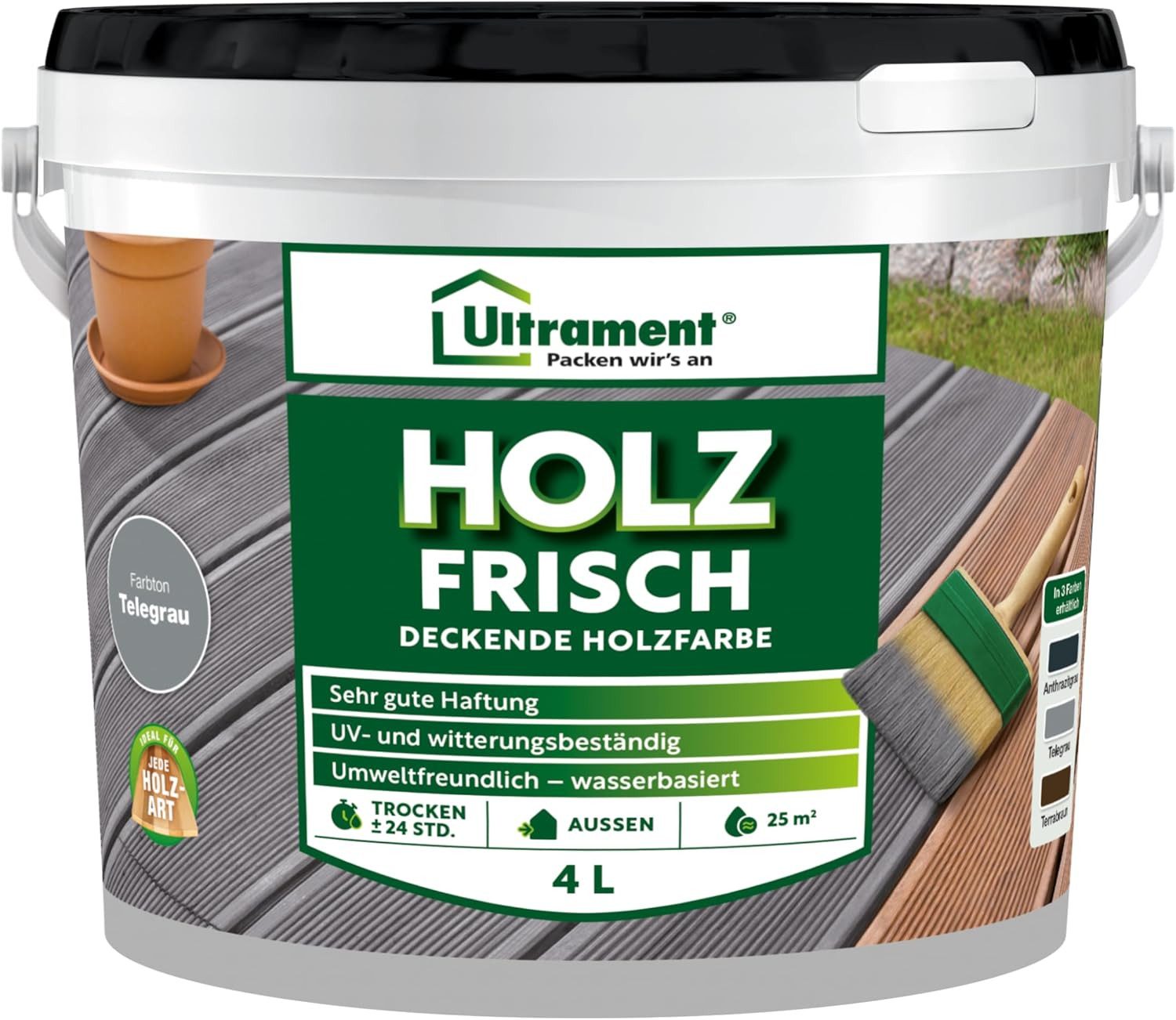 Ultrament Holzschutzlasur Ultrament Holz Frisch - Deckende Holzfarbe, Bodenfarbe Holz für Aussen, Holz Frisch - Deckende Holzfarbe, Bodenfarbe Holz für Aussen, 4 Liter
