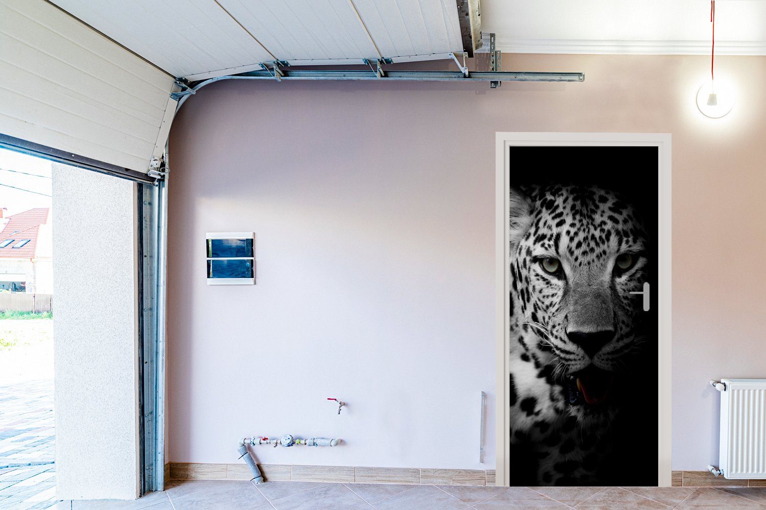 cm (1 Panther Türtapete Porträt, Türaufkleber, Schwarz Weiß MuchoWow bedruckt, Tiere - 75x205 St), für - - Tür, Fototapete Matt, -