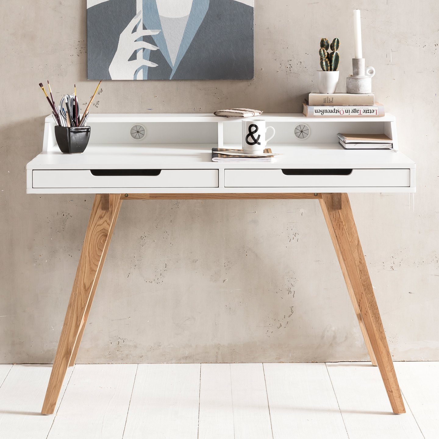 FINEBUY Schreibtisch FB45841 mit 60 Bürotisch x (110 Weiß cm MDF-Holz Matt), Modern Kabeldurchlass, 85 Skandinavisch Laptoptisch x
