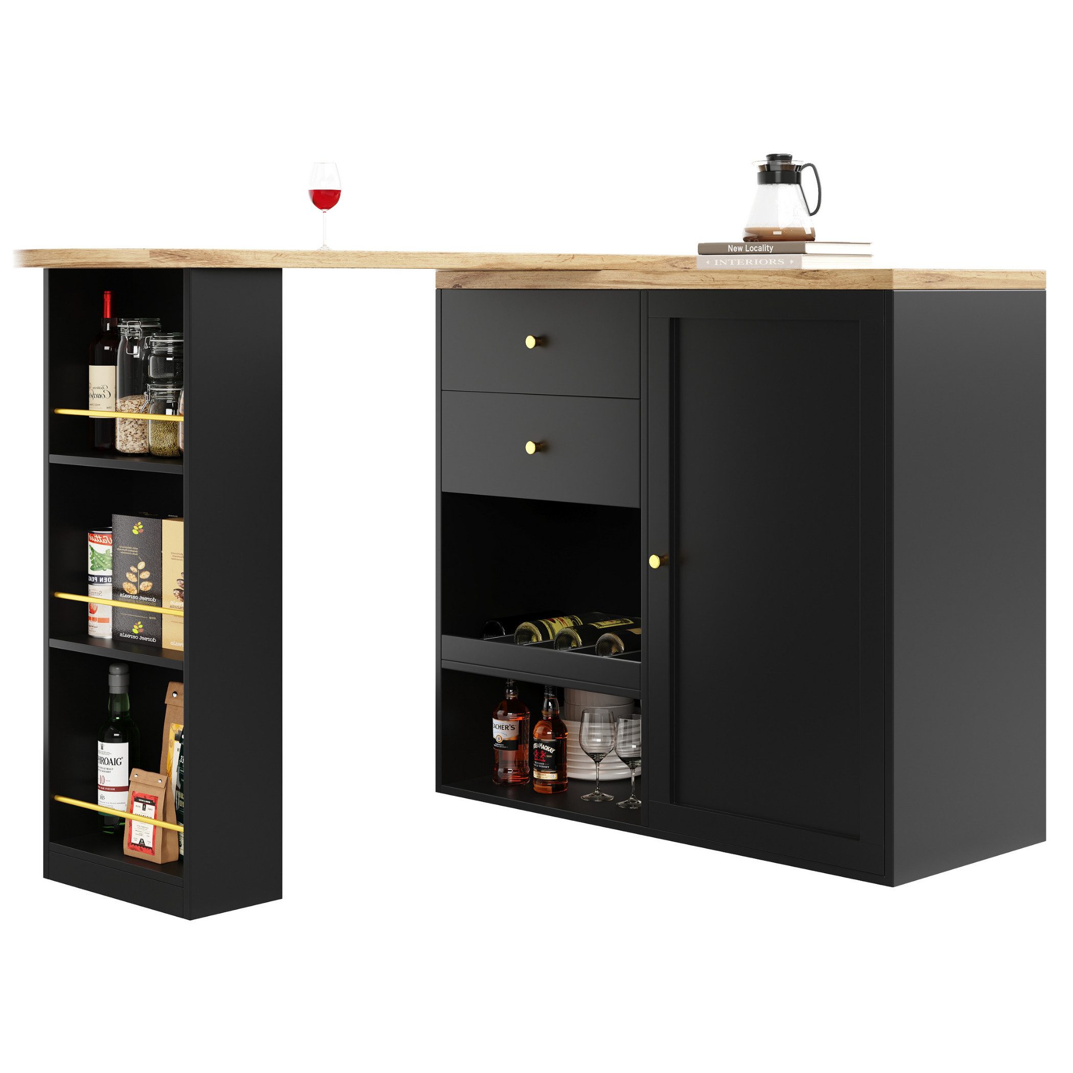 SeedWave Bartisch Multifunktionales, um 360° drehbares Bartisch mit Hellholzplatte, Anrichte mit Schubladen und offene Regale