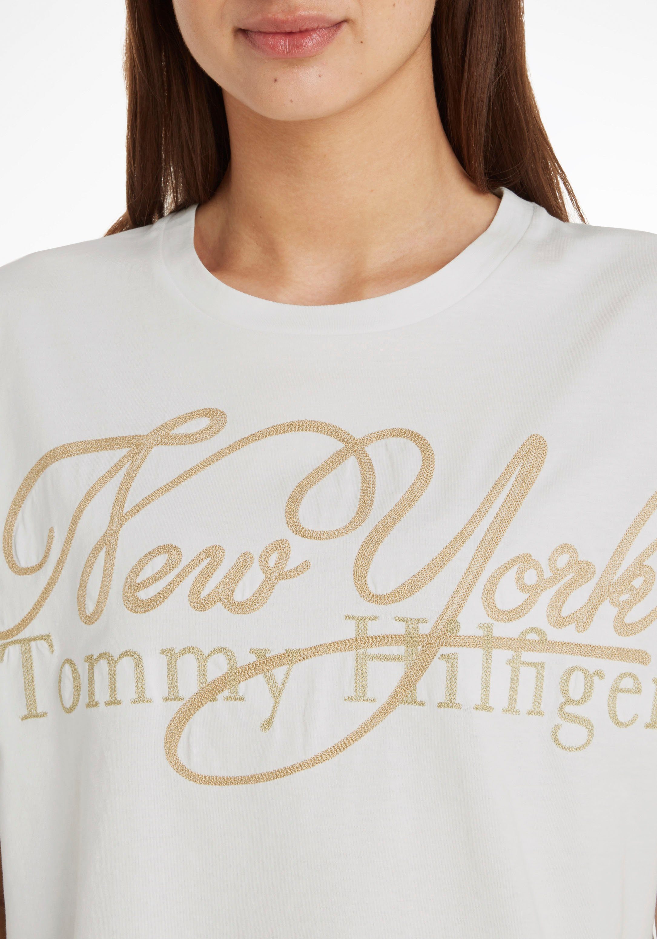 Tommy NY C-NK metalicfarbenen Markenlabel T-Shirt mit METALLIC Hilfiger & SS Hilfiger Ecru RLX Tommy Print