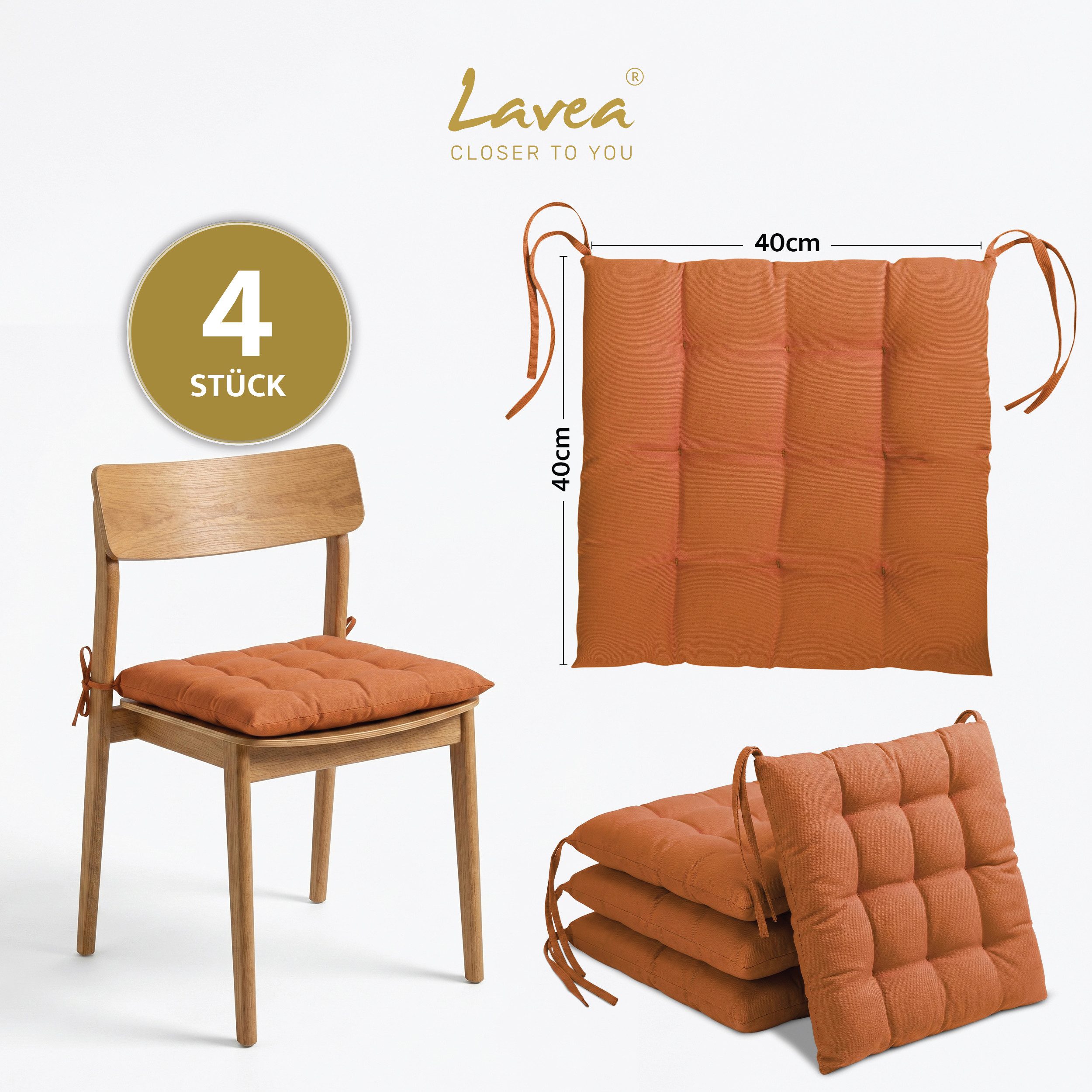 Lavea Stuhlkissen Lavea® Sitzkissen & Stuhlkissen 40x40 cm – 4er/8er Set, 40x40x3 cm, mit Stoffbändern, Indoor & Outdoor, für Garten & Balkon