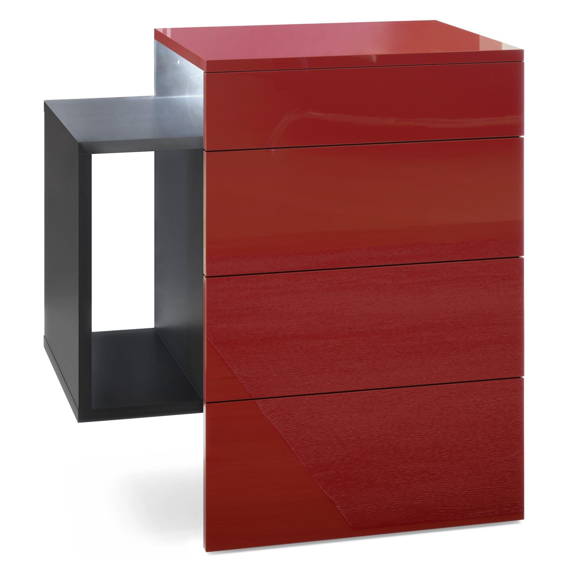 Vladon Nachttisch Queens (Nachttischschrank mit 2 Schubladen, und 1 seitlichem Fach zur Wandmontage), Schwarz matt/Bordeaux glänzend mit LED-Unterbaustrahler (60x63x36 cm)