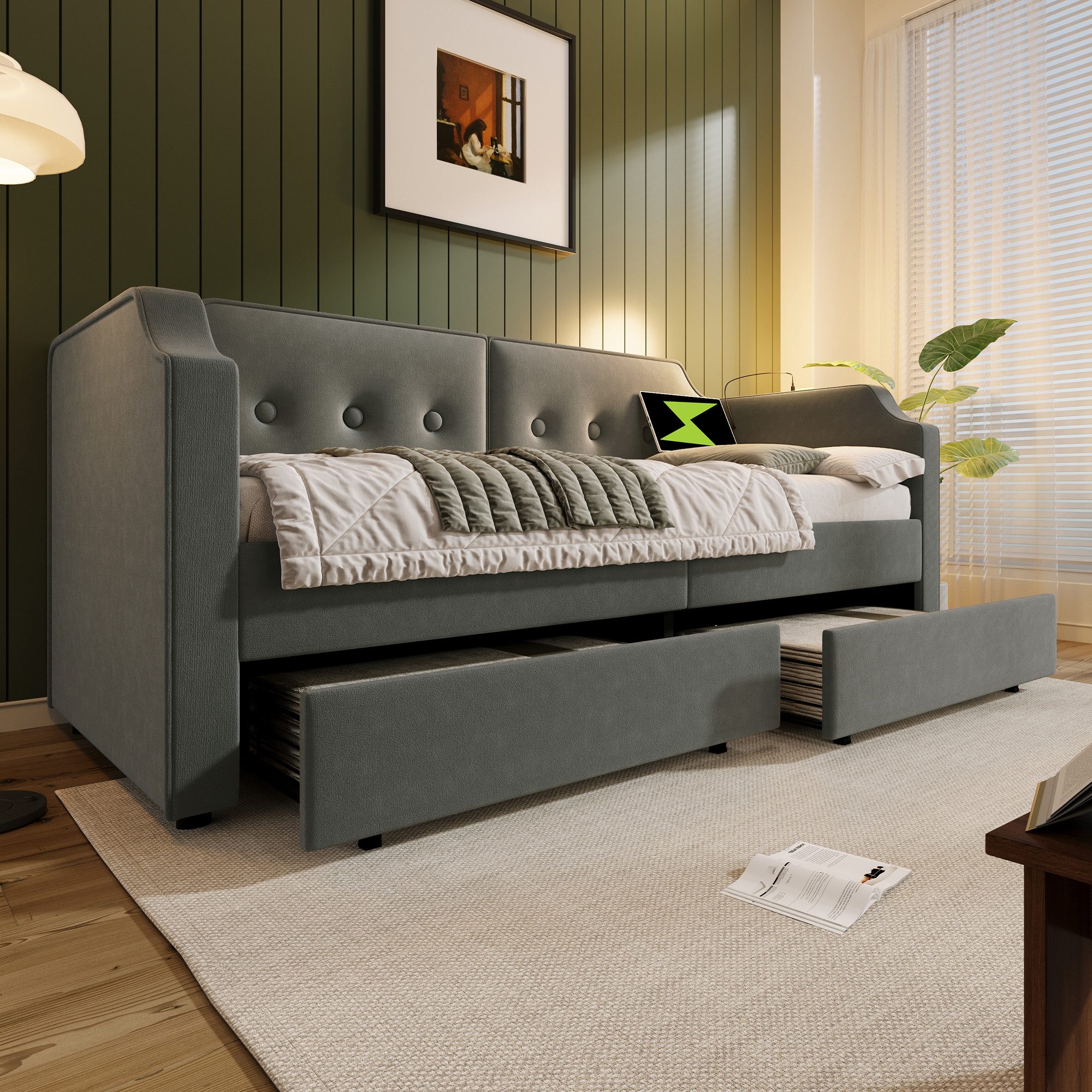 Flieks Daybett, Polsterbett Schlafsofa 90x200cm 2 Schubladen/ Leselicht/ La günstig online kaufen