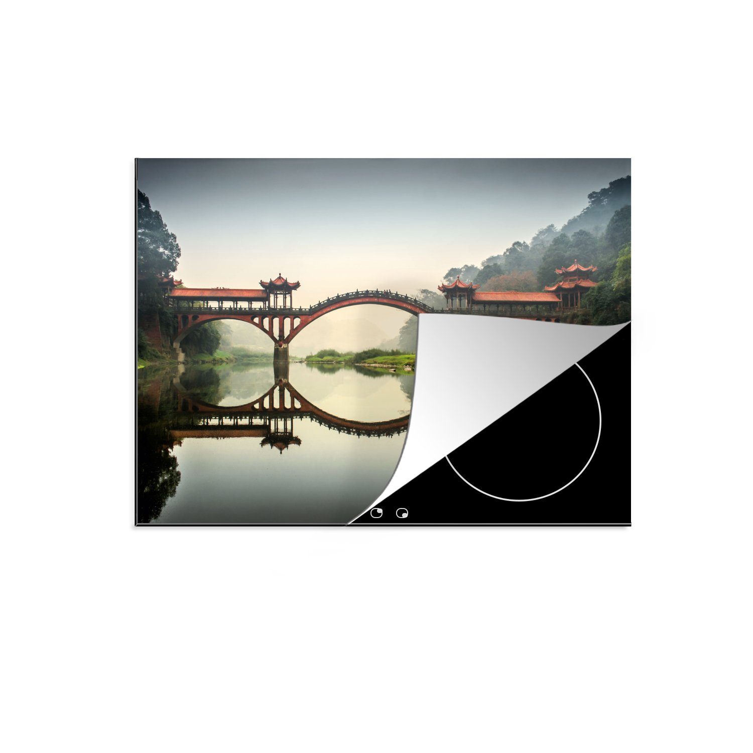 Straße 71x52 Blick die cm, Schutz (1 küche, Ceranfeldabdeckung tlg), für Herdblende-/Abdeckplatte Vinyl, eine Brücke, mit Chinesische auf MuchoWow Induktionskochfeld